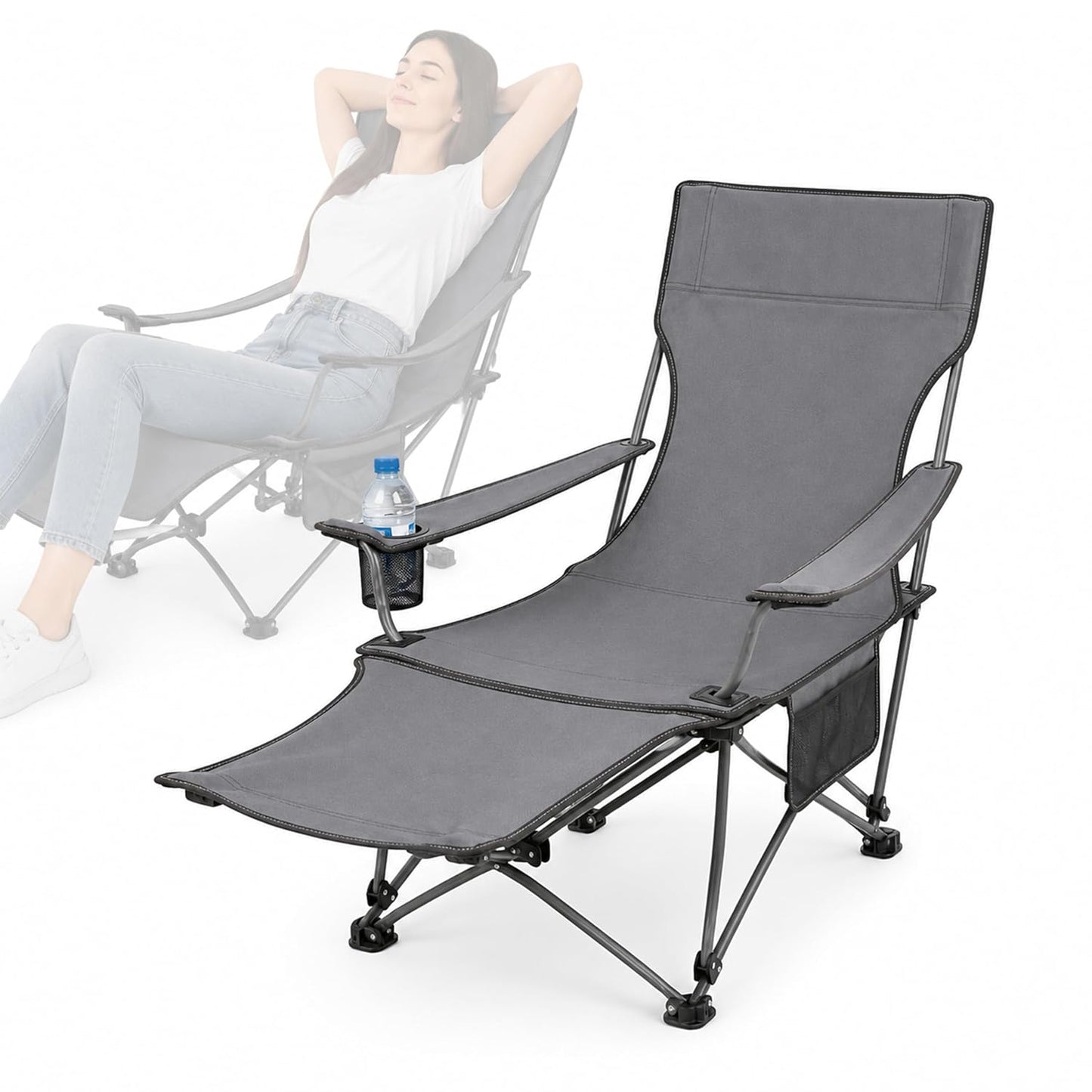 EYUVAA Folding Reclining Camping Chair with Footrest, Portable Outdoor Lounge Chair with Cup Holder & Side Pocket, Heavy Duty Steel Frame, Foldable Fishing Beach Garden Chair (Multicolour)