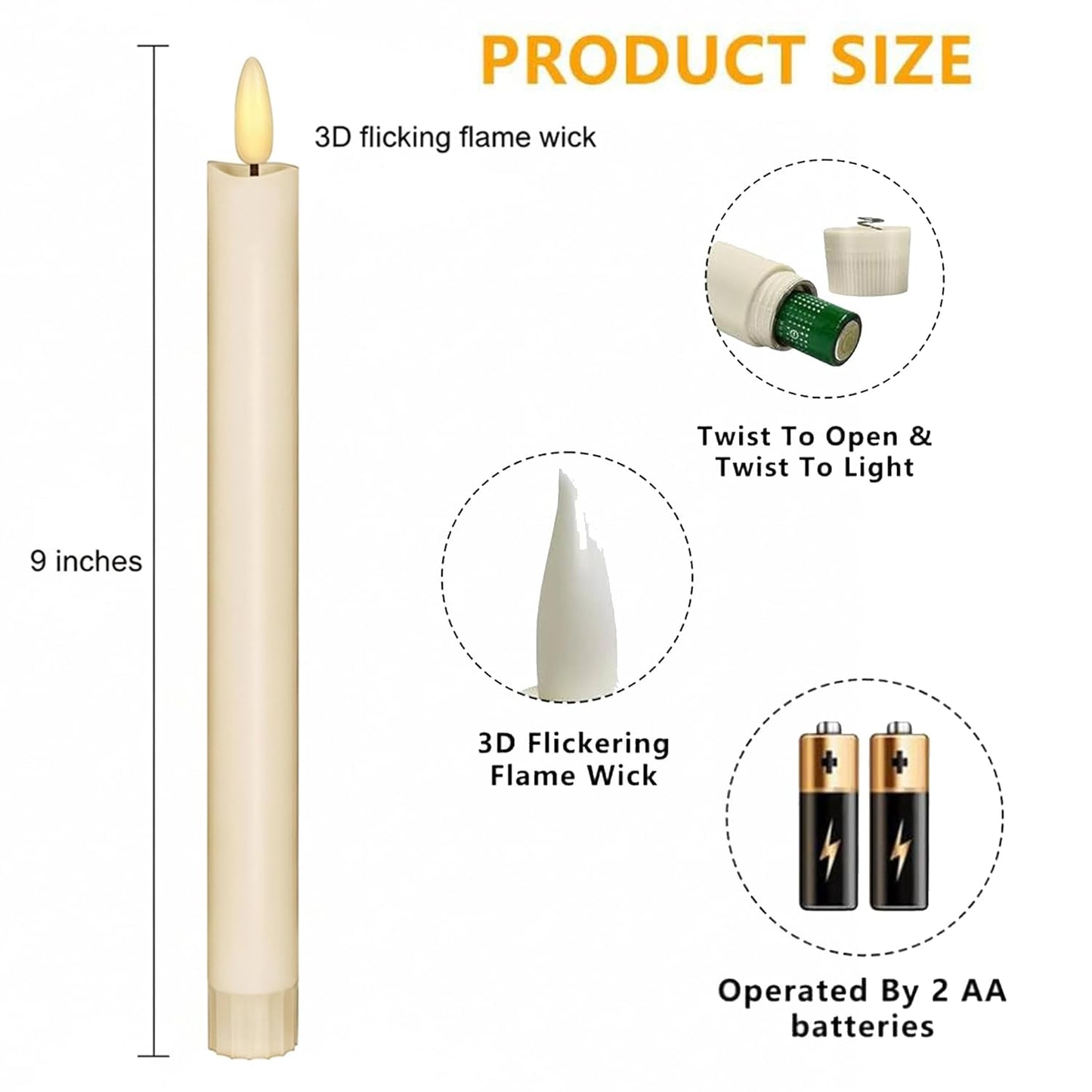 EYUVAA Flameless LED Taper Candle with Realistic 3D Moving Flame| 9 Inch Battery Powered Dripless Candle for Home Décor, Wedding & Festival Use