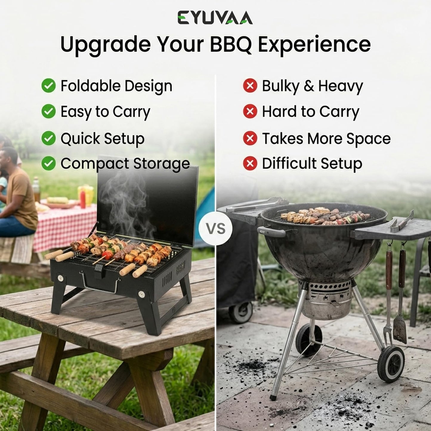 EYUVAA Portable Foldable Charcoal Barbeque Grill with Stand | Heavy Duty BBQ Set with 5 Skewers, Tongs & Glove | Compact Outdoor Grill for Camping, Picnic, Travel, Terrace & Home Cooking