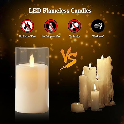 EYUVAA Flameless LED Pillar Candles, Battery Operated Acrylic Glass Candle, Realistic Flickering LED Flame Lights for Home Decor, Diwali, Wedding & Festivals (Transparent)