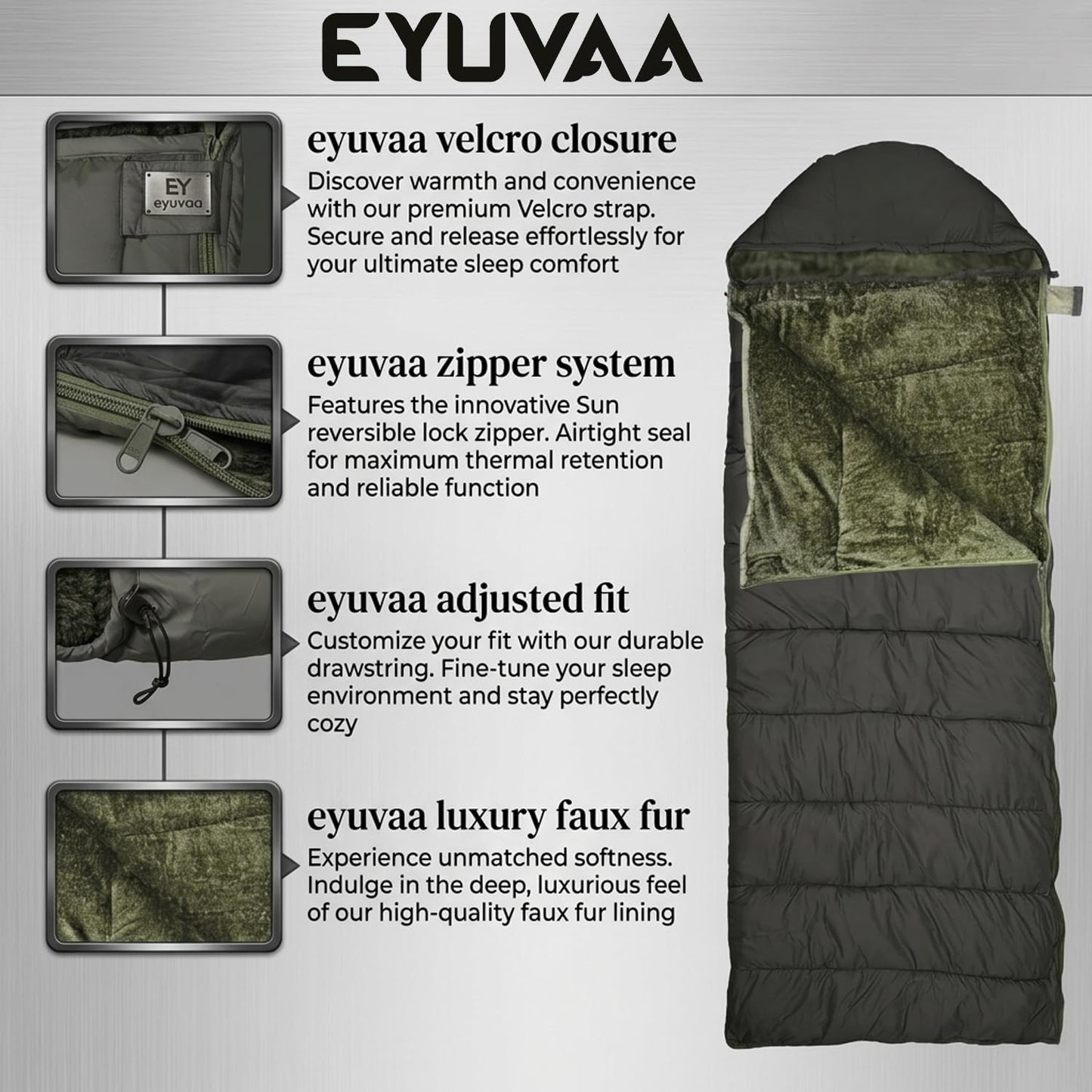 EYUVAA Camping Sleeping Bag -5°C to +5°C, Rectangle Shape Winter Sleeping Bag with Faux Fur, Fits Up to 7.2 ft, Lightweight & Compact for Trekking, Hiking & Travel