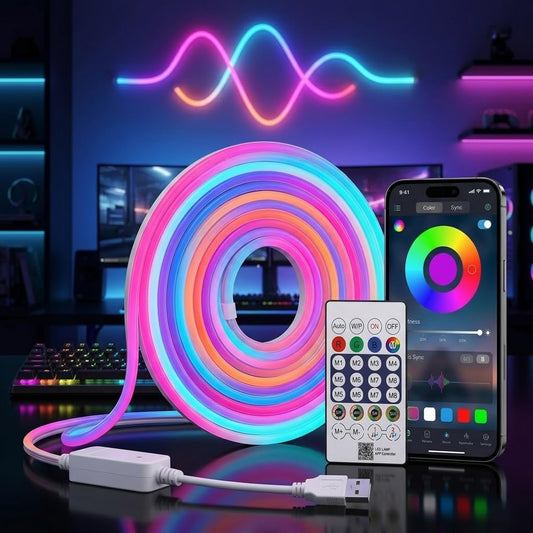 DECOVAA 5 Meter Smart RGB LED Neon Strip Light, App & Remote Control Music Sync Lights, USB Powered Waterproof Flexible Magic Lights for Bedroom, Diwali, Gaming Setup, TV Backlight & Home Decor