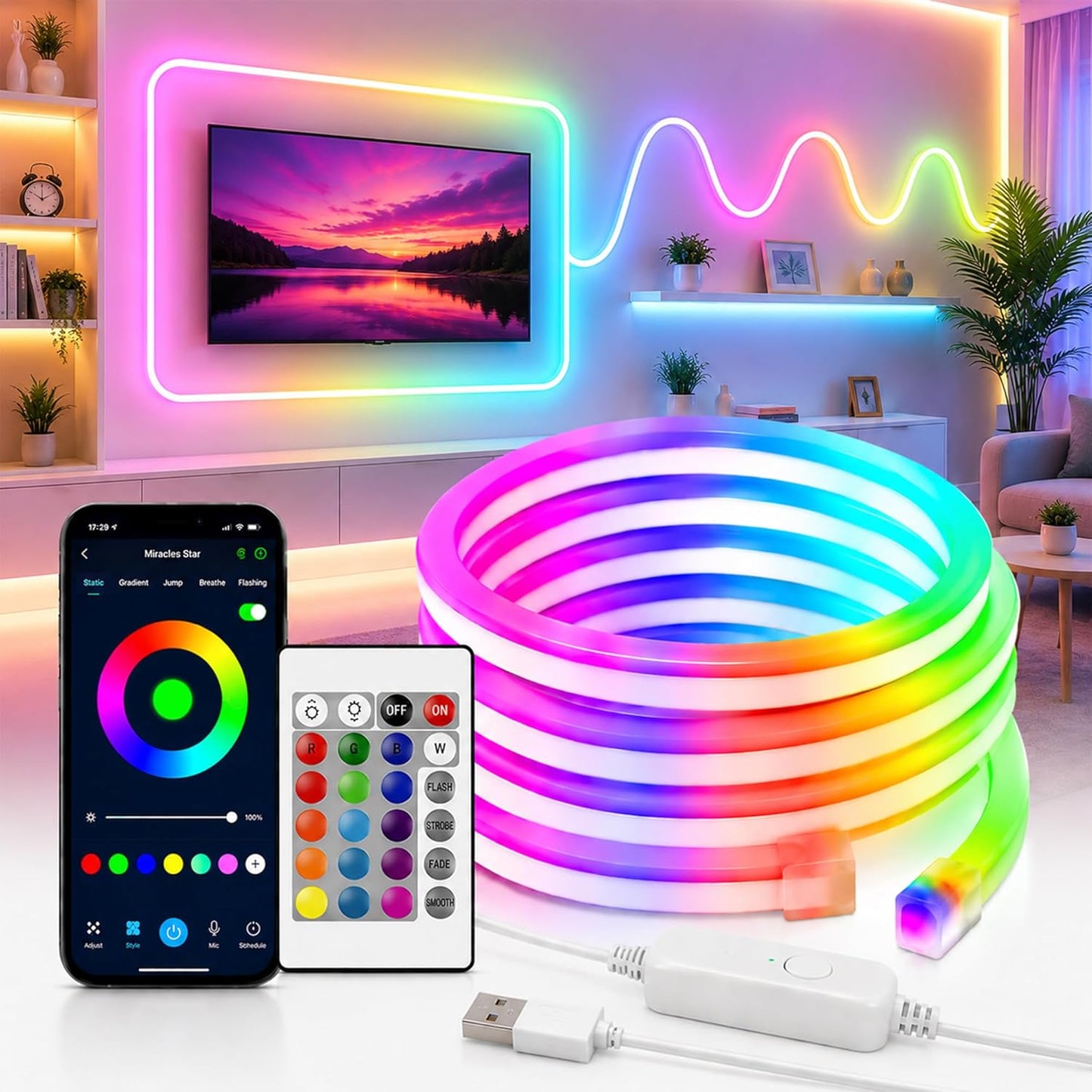 DECOVAA 5 Meter Smart RGB LED Neon Strip Light, App & Remote Control Music Sync Lights, USB Powered Waterproof Flexible Magic Lights for Bedroom, Diwali, Gaming Setup, TV Backlight & Home Decor