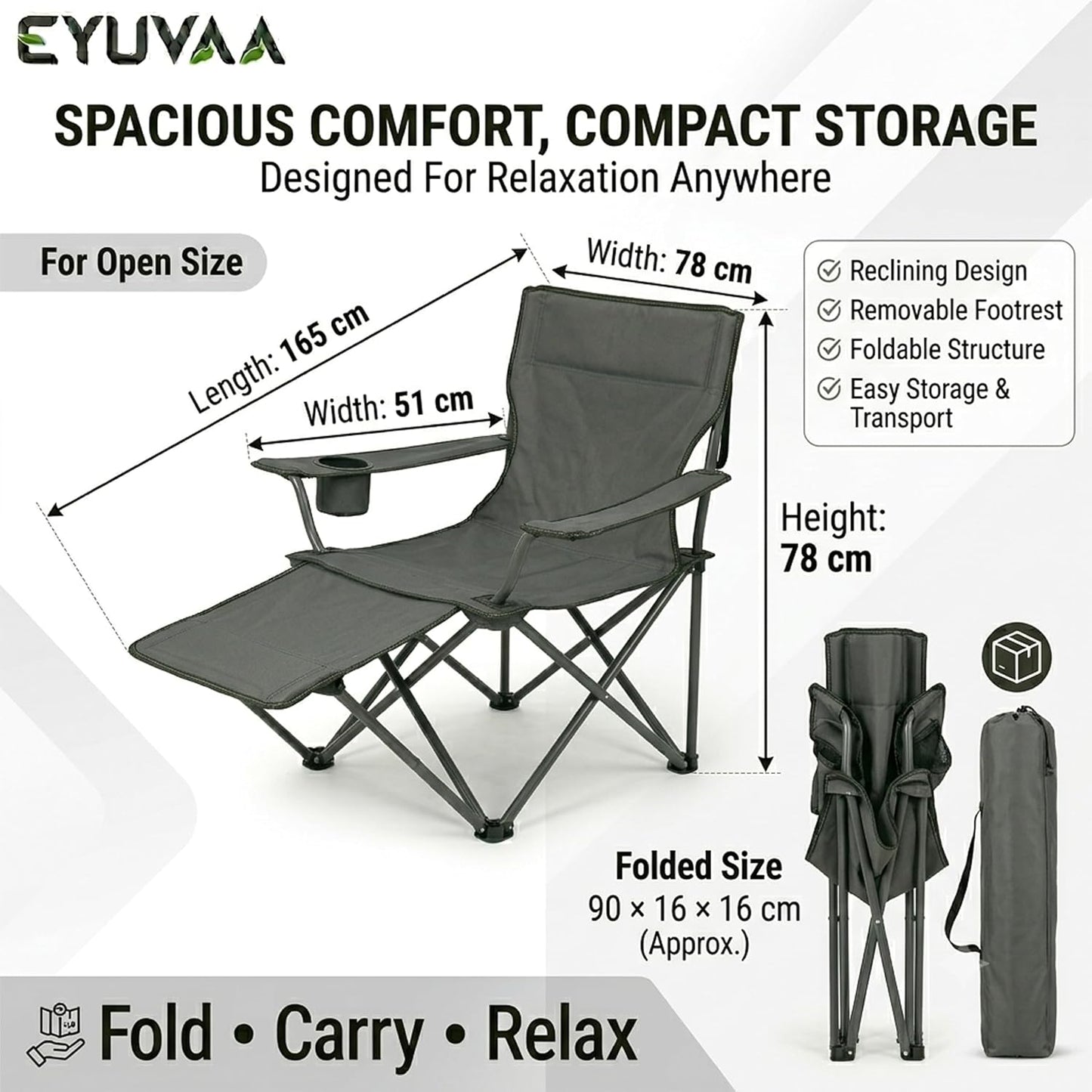 EYUVAA Folding Reclining Camping Chair with Footrest, Portable Outdoor Lounge Chair with Cup Holder & Side Pocket, Heavy Duty Steel Frame, Foldable Fishing Beach Garden Chair (Multicolour)