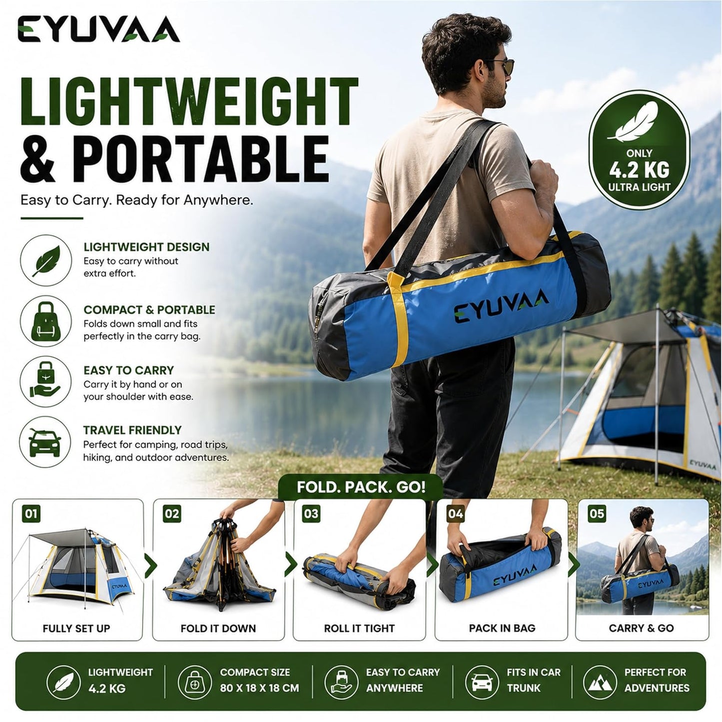 EYUVAA LABEL Automatic Camping Tent, Waterproof Outdoor Tent with UV Protection, Lightweight Portable Tent for Hiking, Trekking, Backpacking, Camping, Beach & Outdoor Adventure