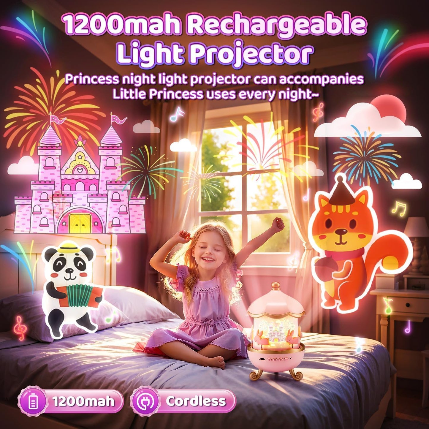 EYUVAA Bunny Night Light Projector, 360° Rotatable 6 Films Shade Rechargeable LED Night Light Lamp for Kids Room, Nursery Room Décor (Light Projector)