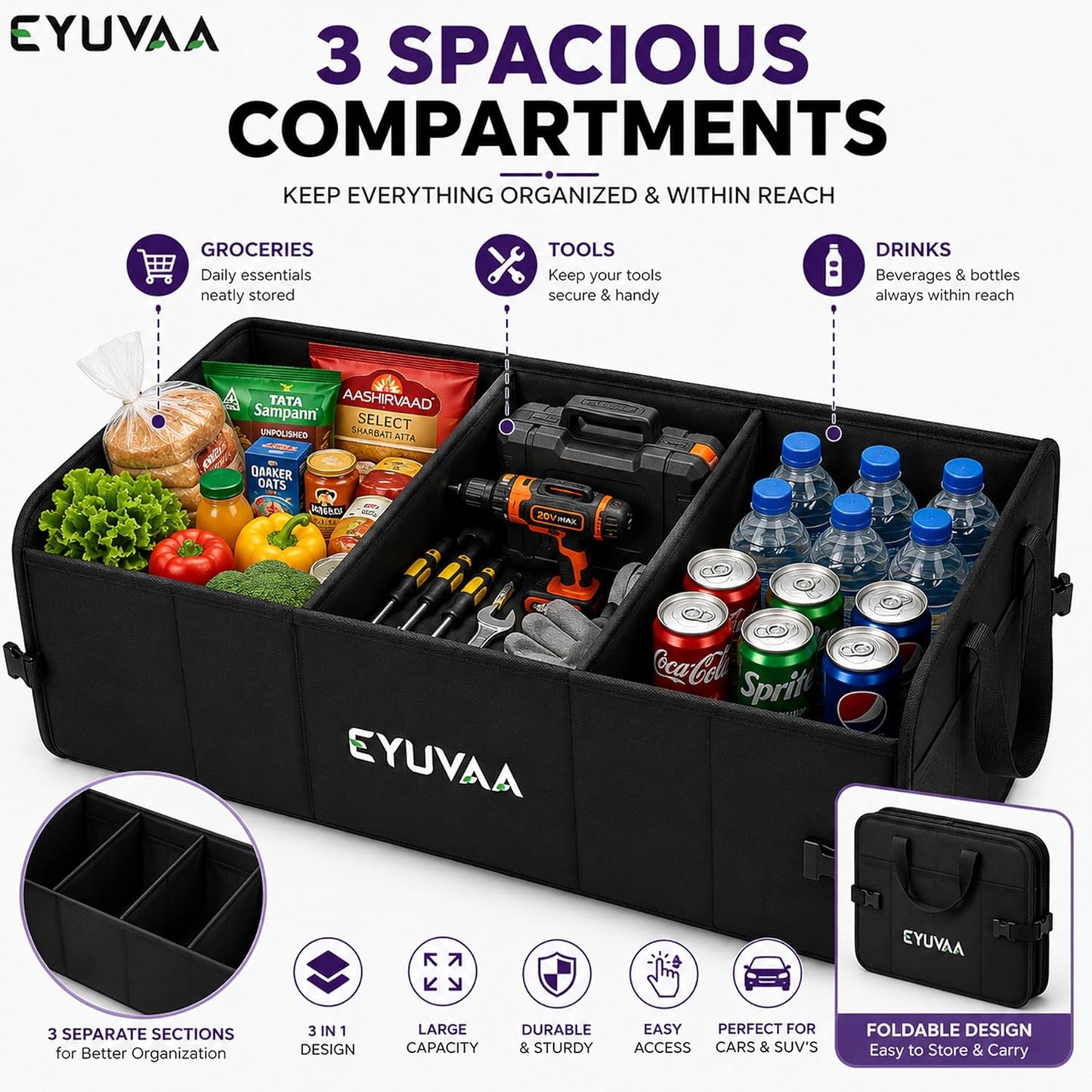 EYUVAA Foldable Car Diggi Organizer with 3 Compartments, Premium Oxford Fabric Car Trunk Storage Organizer with Carry Handles for SUV, Sedan, Hatchback & MPV, Black