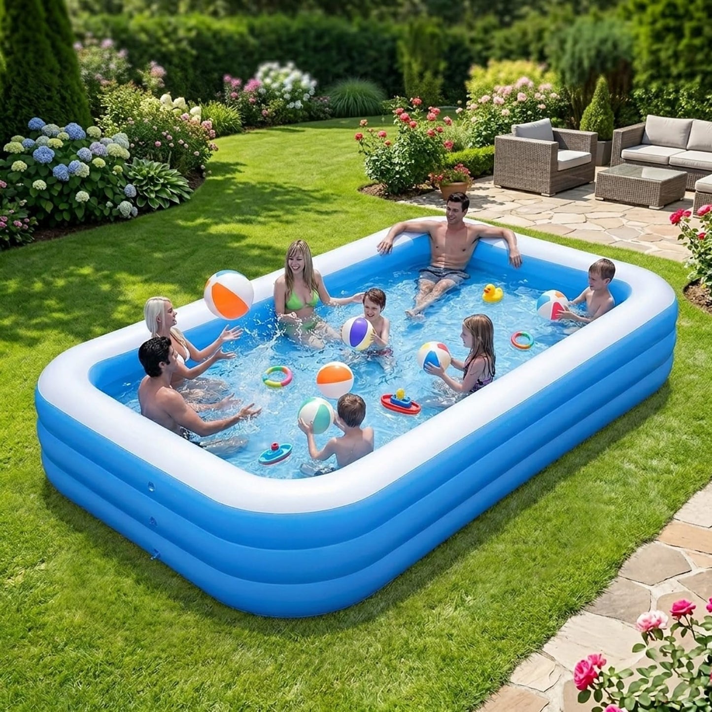 EYUVAA Rectangular Inflatable Swimming Pool Bathtub, Soft Durable PVC Material, 3 Air Chambers, Electric Pump Compatible, Backyard Water Play, Outdoor Garden Summer Fun (10 Feet)