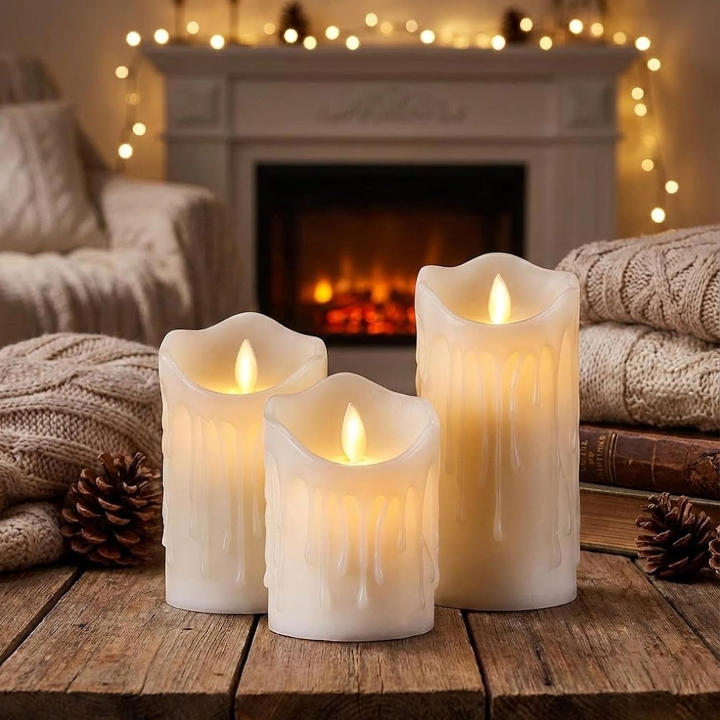 EYUVAA LED Pillar Candle Set of 3| Melted Real Wax Look Flameless Candles with Flickering Flame| 3" Dia X 4",5",6" Height Battery Operated Smokeless Decorative Candles for Home, Wedding & Diwali