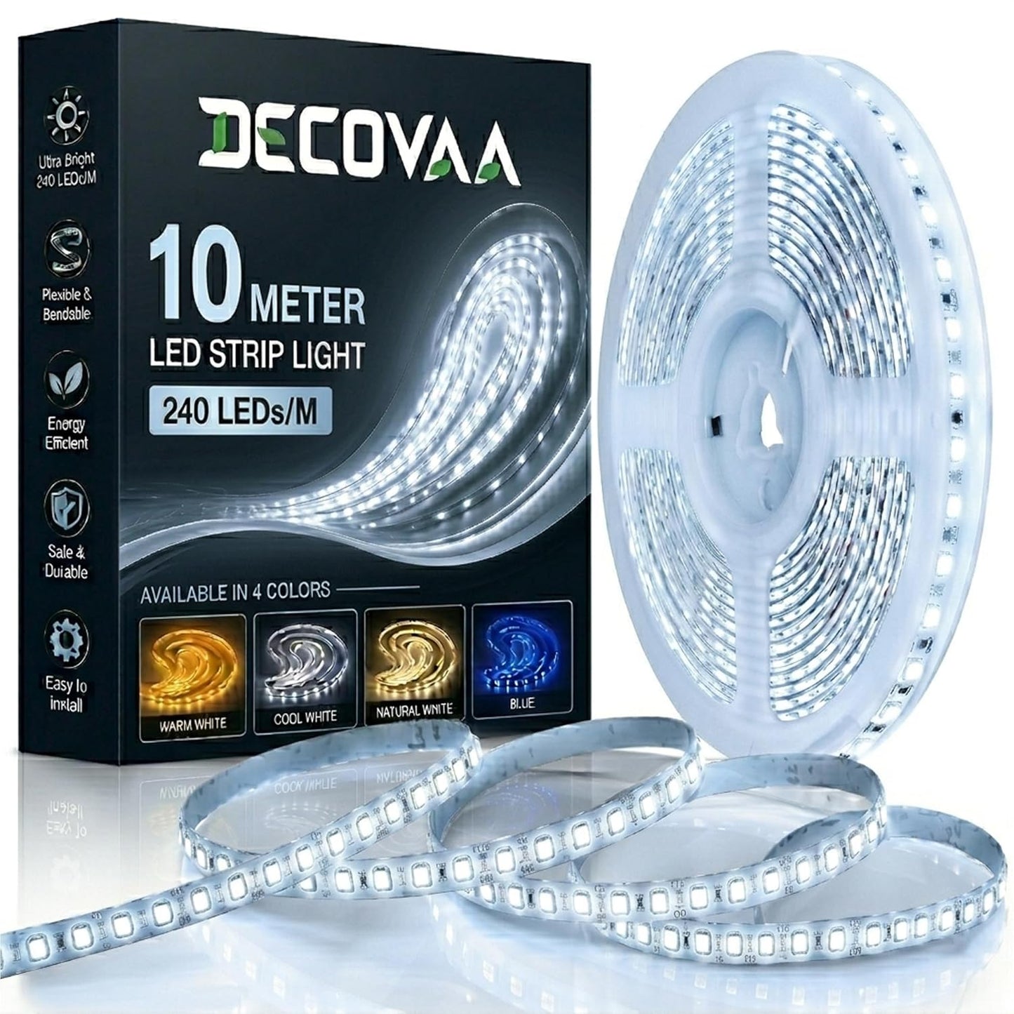 DECOVAA 10M LED Strip Light with Direct Plug, 240 LEDs Per Meter Flexible Decorative Rope Light for Bedroom Decoration, False Ceiling, TV Backlight, Mirror, Wall, Home Decor