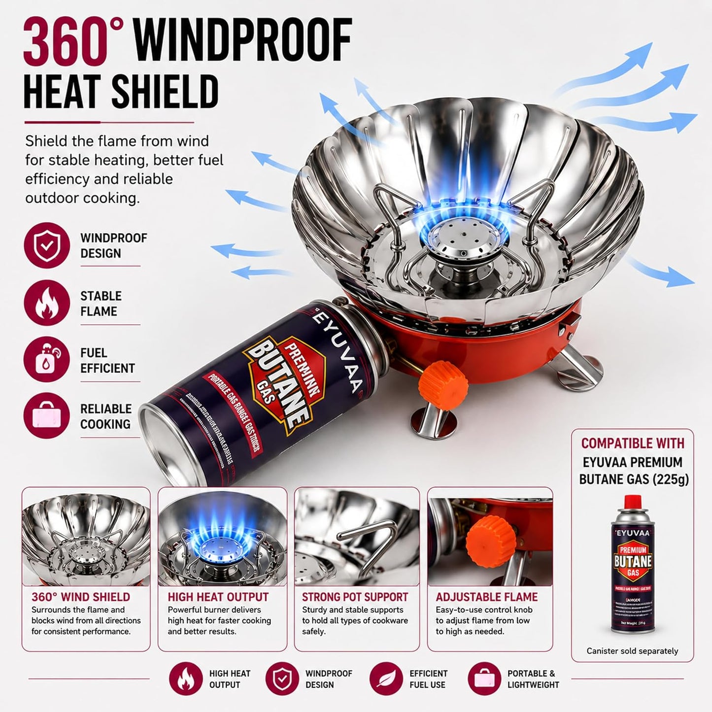 EYUVAA Portable Camping Gas Stove, Windproof Lotus Shape Butane Gas Burner, Foldable Ultra-Light Backpacking Cooking Stove with Carry Bag for Camping, Hiking, Trekking, Picnic & Outdoor Cooking