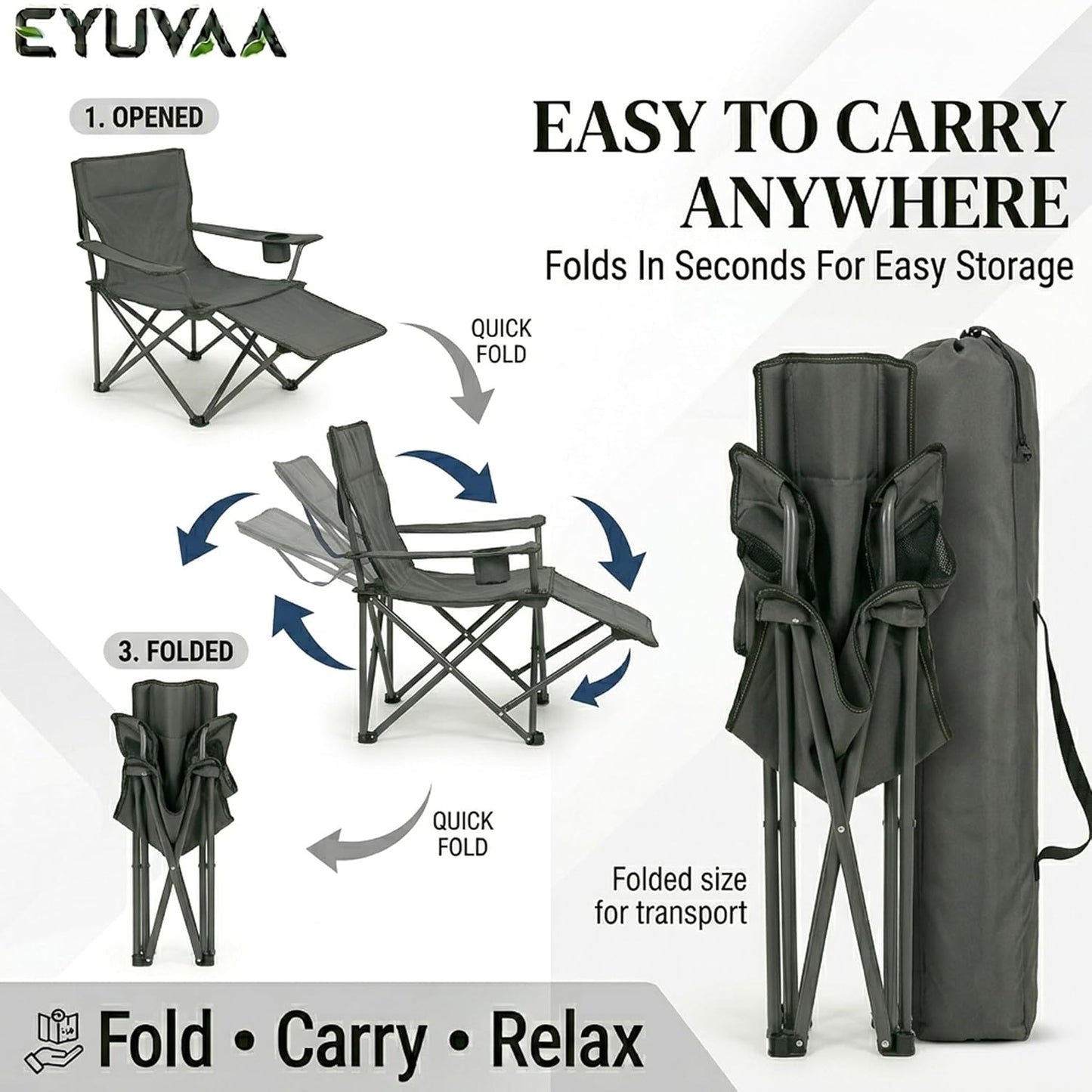 EYUVAA Folding Reclining Camping Chair with Footrest, Portable Outdoor Lounge Chair with Cup Holder & Side Pocket, Heavy Duty Steel Frame, Foldable Fishing Beach Garden Chair (Multicolour)