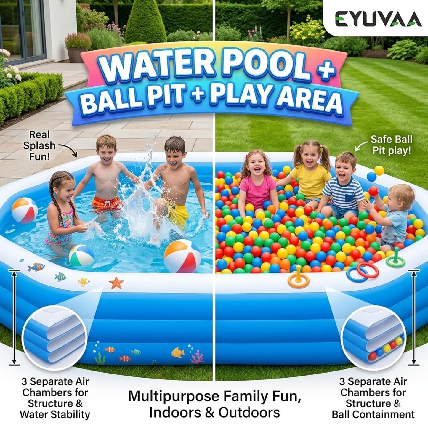 EYUVAA Rectangular Inflatable Pool for Kids & Toddlers Extra-Large 8.5 Feet 3 Air Chamber Pool Backyard Water Play Summer Fun Durable Child-Safe PVC Quick Inflate & Portable Outdoor Pool