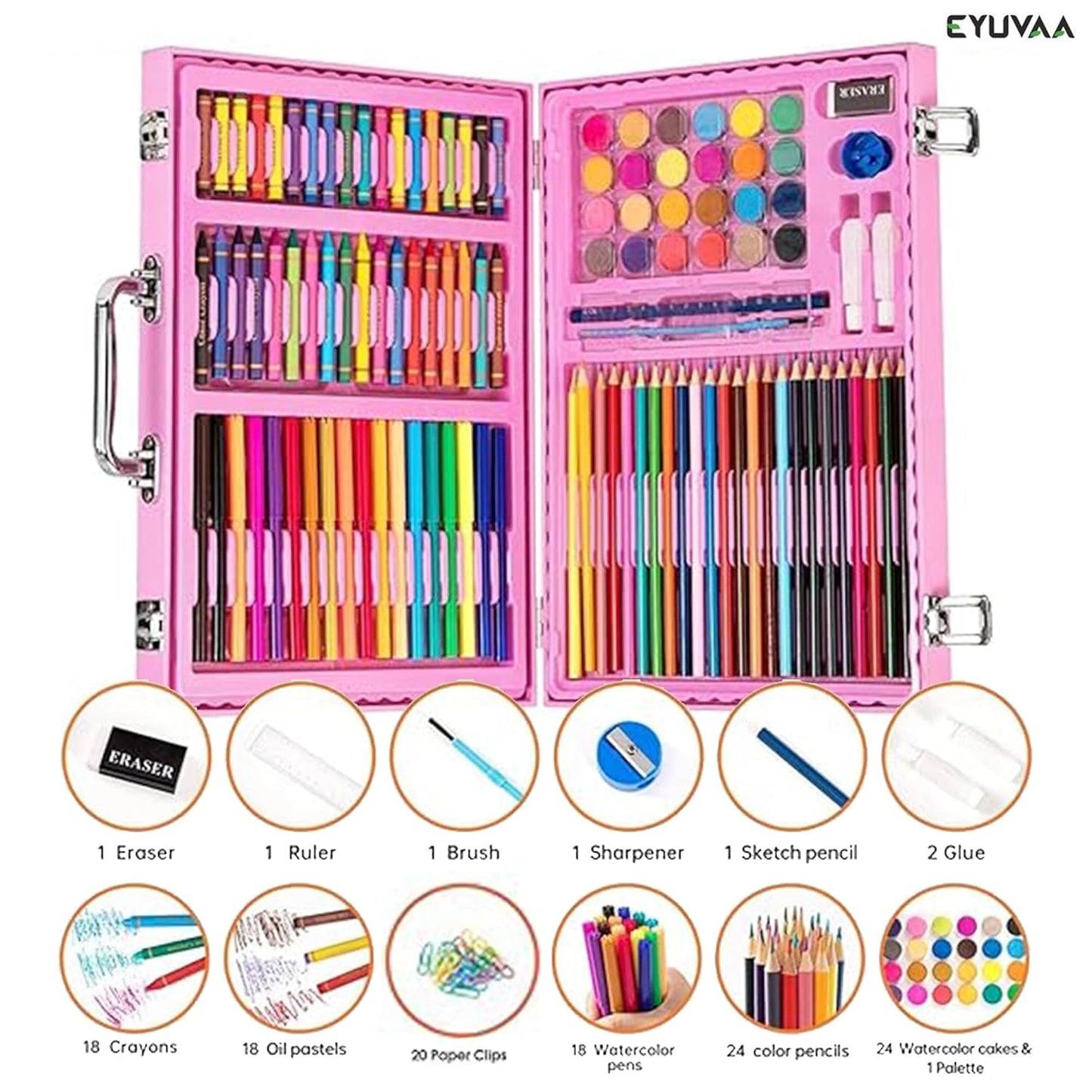EYUVAA Deluxe 128 Piece Art Set| Portable Art & Craft Painting Box for Kids, Adults, and Artists| 128 pcs Drawing Kit with Crayons, Sketch, Watercolor Cakes and Colored Pencils