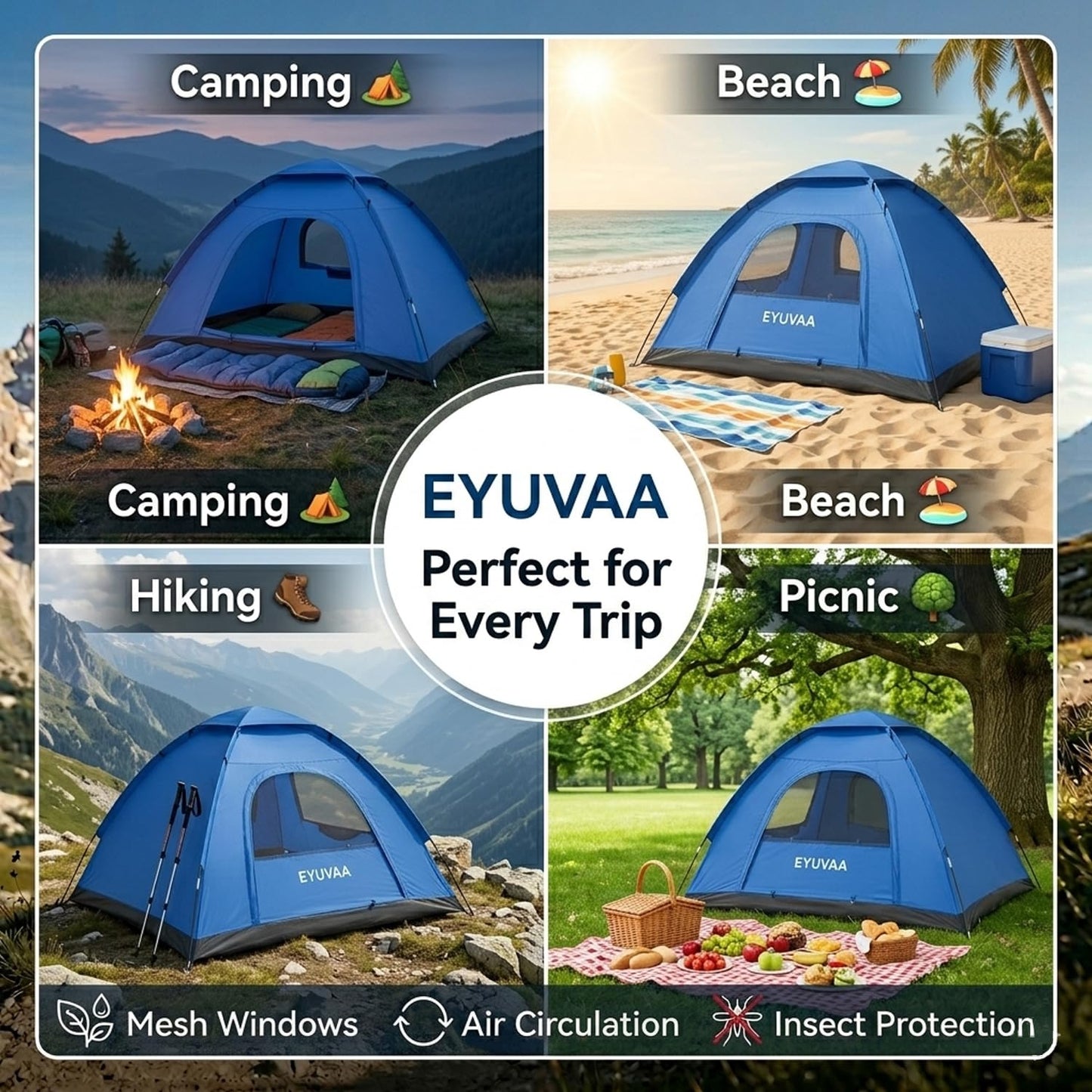EYUVAA Waterproof Camping Tent for 4 Person (200×200×135 cm),Lightweight Portable Dome Tent with Carry Bag,Easy Setup Windproof Outdoor Tent for Hiking, Backpacking, Picnic & Travel (Random Colour)