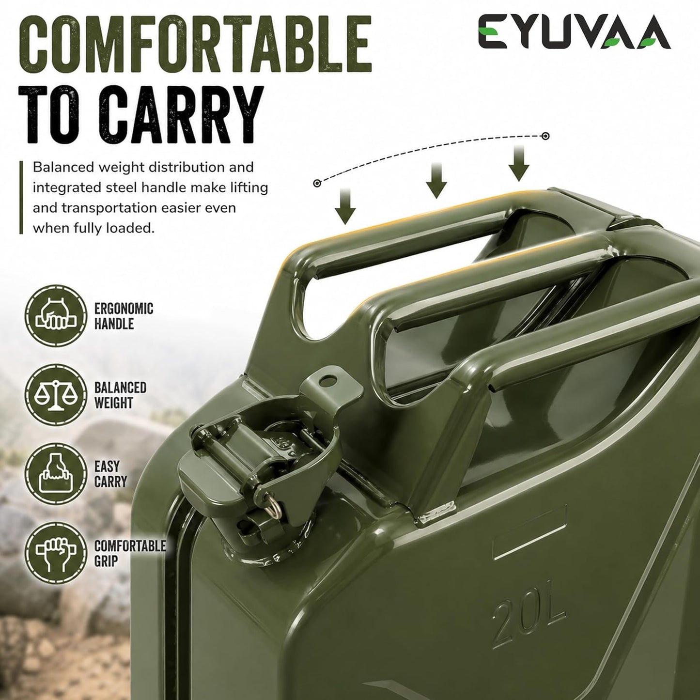 EYUVAA 20L Metal Jerry Can, Heavy Duty Metal Fuel Storage Container for Petrol, Diesel, Kerosene & Motor Oil, Leakproof Locking Cap, Military Style Rust Resistant Portable Fuel Can, Olive Green