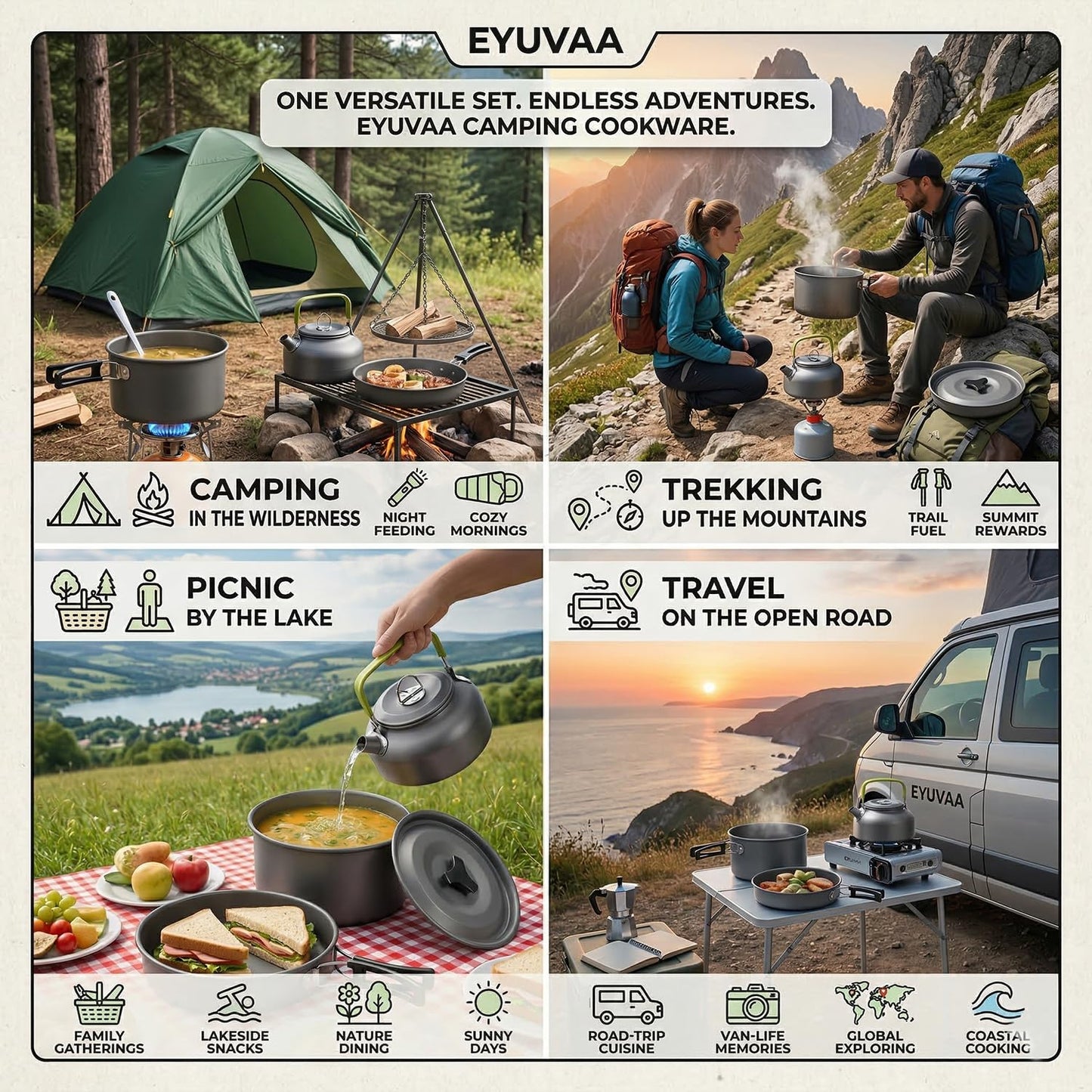 EYUVAA Camping Cookware Set, Lightweight Portable Outdoor Cooking Set with Pot, Pan, Kettle, Bowls & Utensils, Non-Stick Aluminium Camping Kitchen Set for Hiking,Trekking, Picnic & Travel