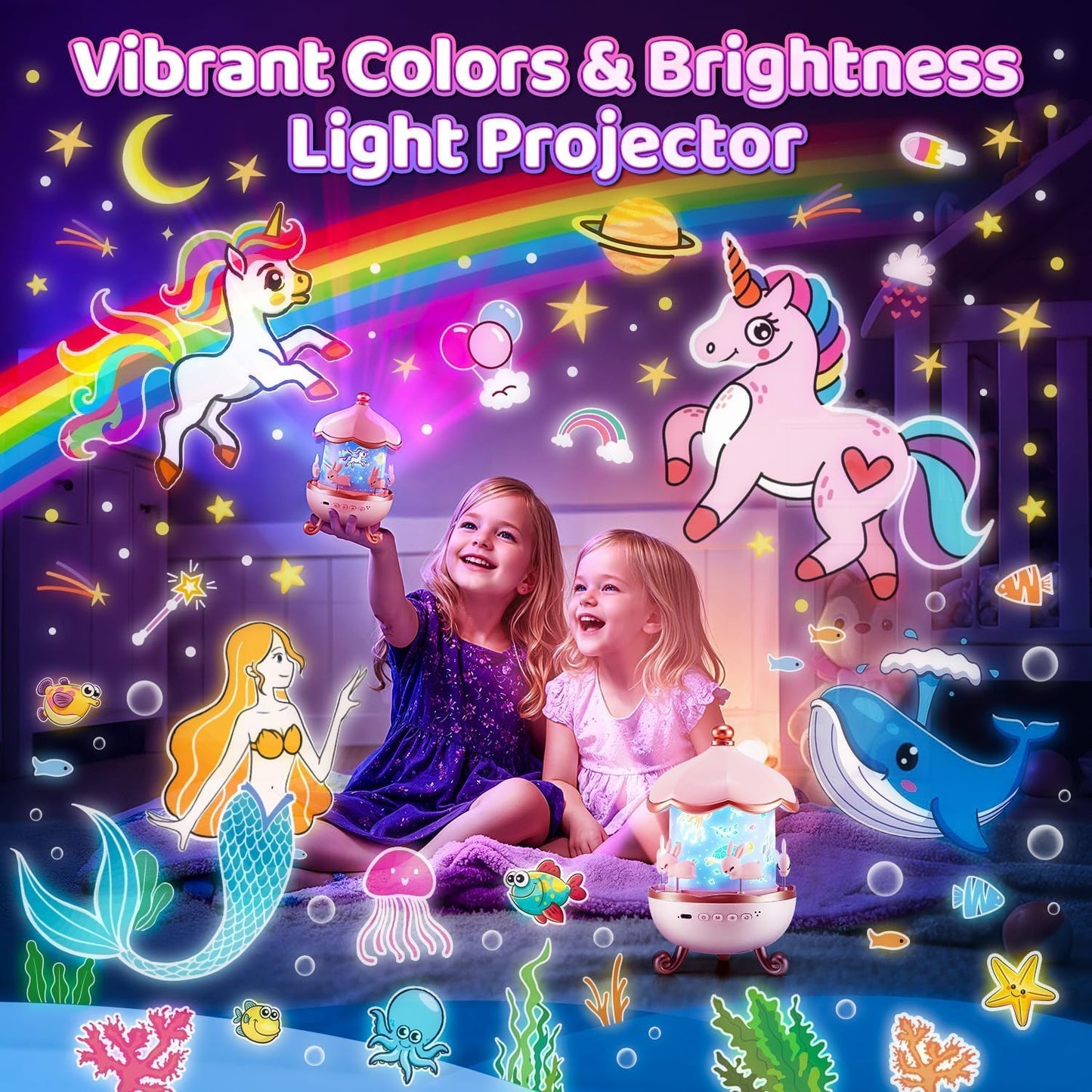 EYUVAA Bunny Night Light Projector, 360° Rotatable 6 Films Shade Rechargeable LED Night Light Lamp for Kids Room, Nursery Room Décor (Light Projector)