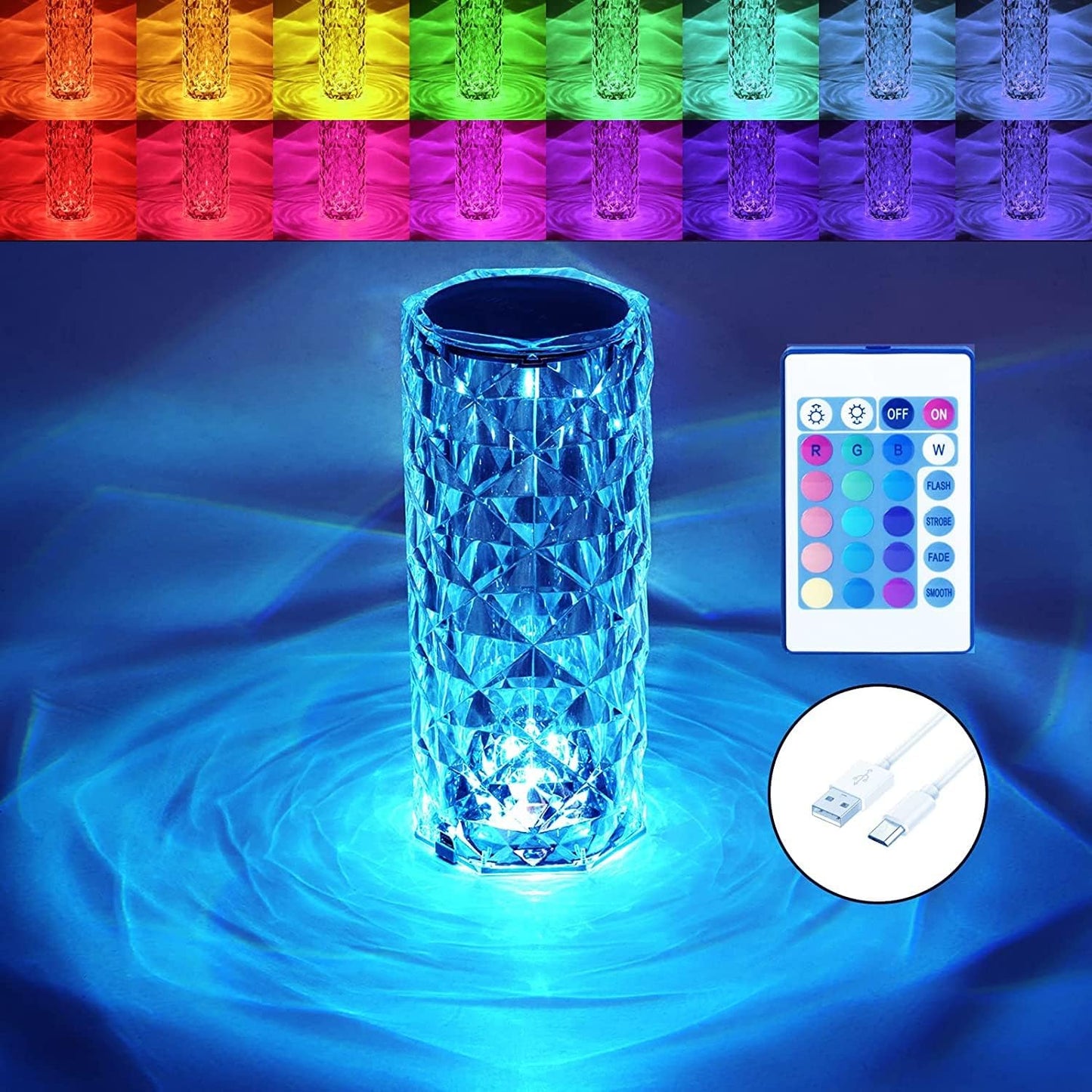 Crystal Lamp 16 Color Changing Rose Crystal Diamond Table Lamp, USB Rechargeable Touch Control Bedside Lamp Night Light with Remote Control, for Bedroom Living Room, Bedroom, Party, Dinner Decor.