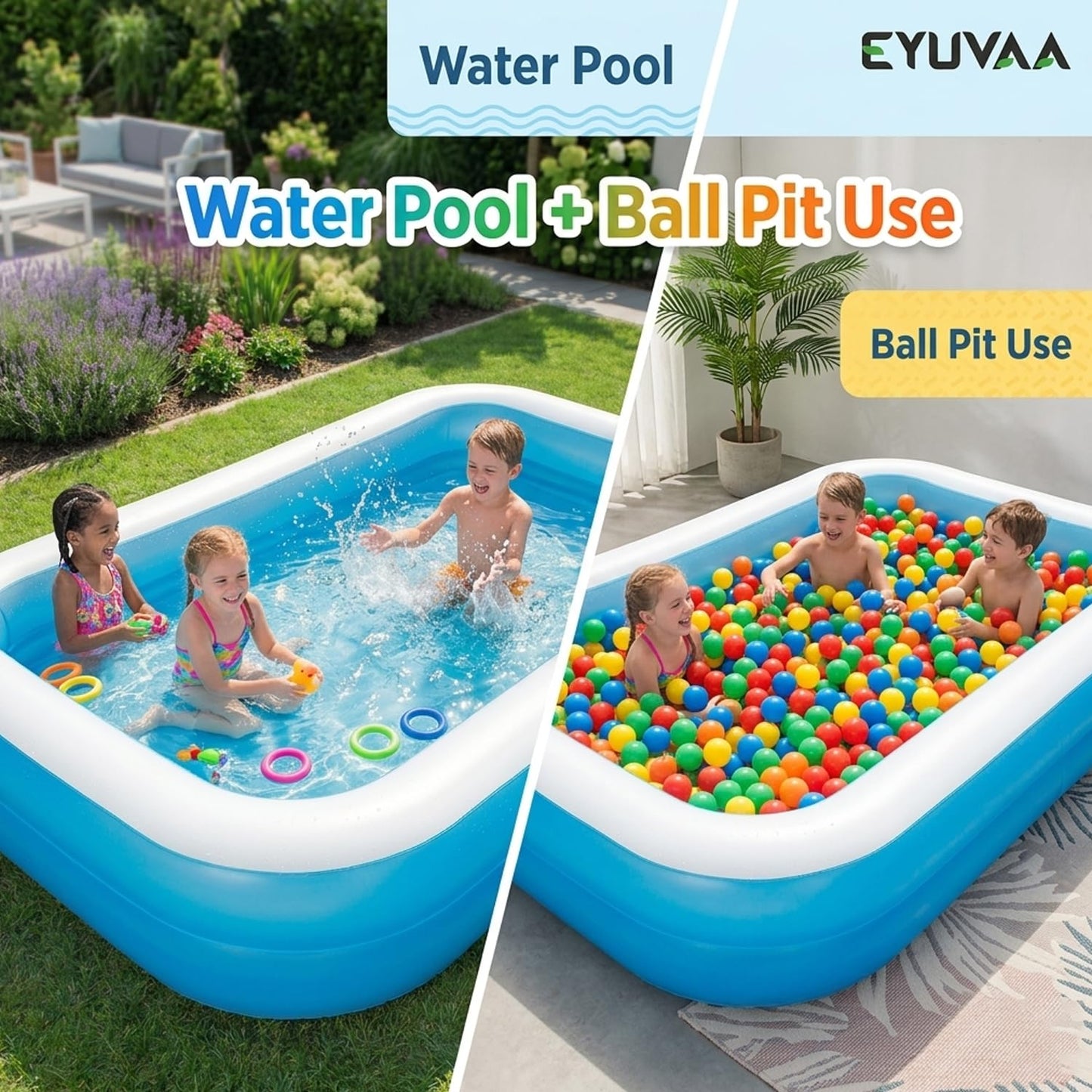 EYUVAA Rectangular Inflatable Pool for Kids & Toddlers 7 Feet Large Full-Sized Swimming Bathtub Backyard Water Play Summer Fun Durable Child-Safe PVC Quick Inflate & Portable Outdoor Pool