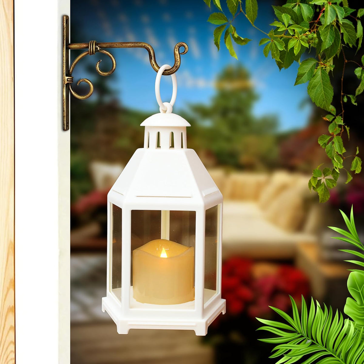 DECOVAA Vintage Lantern with Flickering Effect LED Pillar Candle Battery Operated Wall Hanging Lamp Decorative Lantern, Flameless Antique Glass Candle Holder for Home Decor, Diwali
