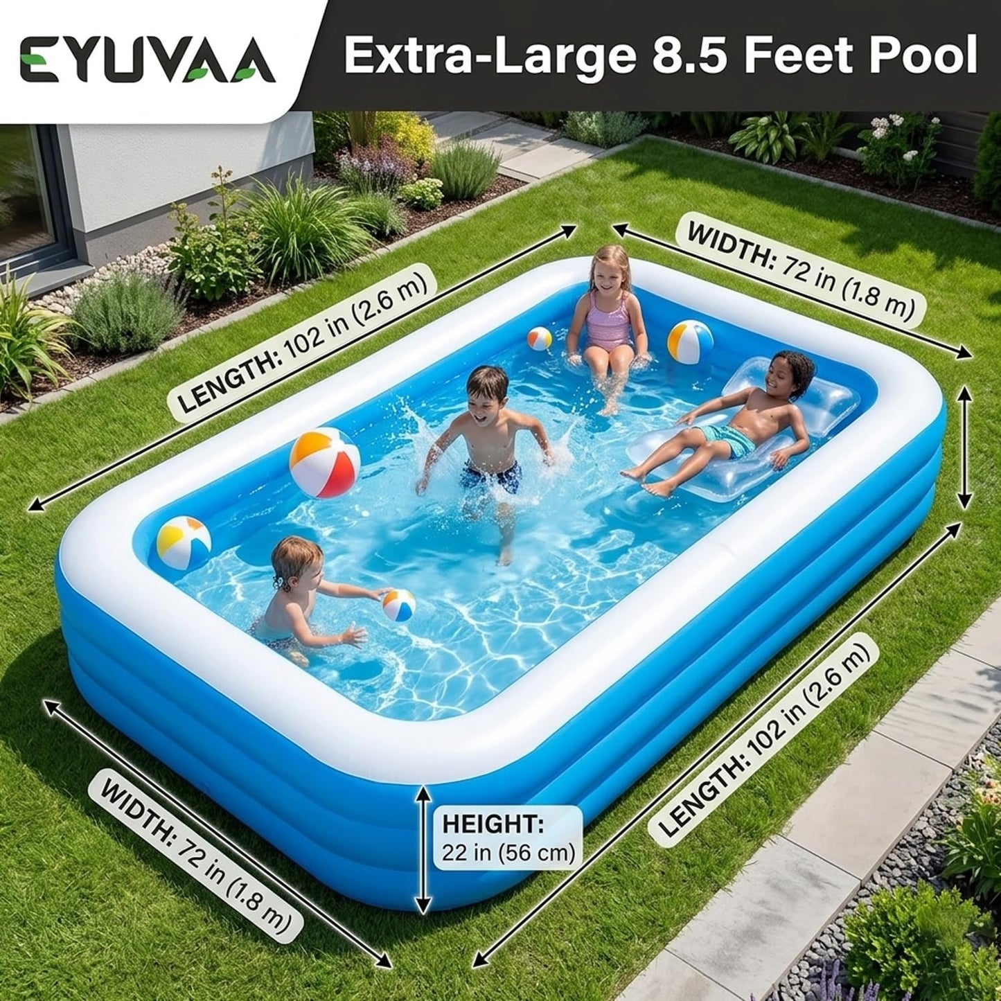EYUVAA Rectangular Inflatable Pool for Kids & Toddlers Extra-Large 8.5 Feet 3 Air Chamber Pool Backyard Water Play Summer Fun Durable Child-Safe PVC Quick Inflate & Portable Outdoor Pool