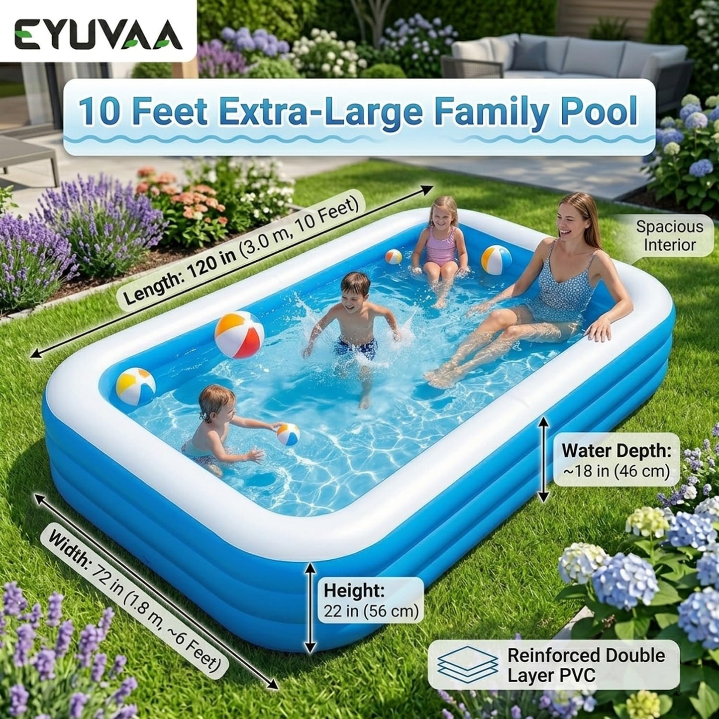 EYUVAA Rectangular Inflatable Swimming Pool Bathtub, Soft Durable PVC Material, 3 Air Chambers, Electric Pump Compatible, Backyard Water Play, Outdoor Garden Summer Fun (10 Feet)