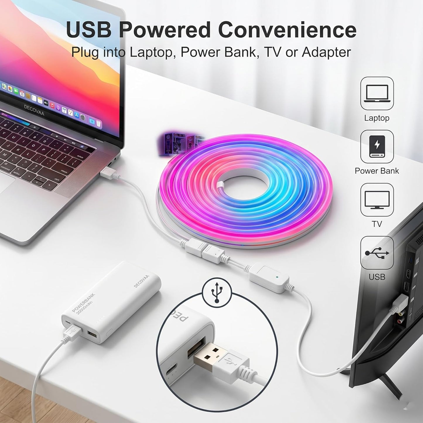 DECOVAA 5 Meter Smart RGB LED Neon Strip Light, App & Remote Control Music Sync Lights, USB Powered Waterproof Flexible Magic Lights for Bedroom, Diwali, Gaming Setup, TV Backlight & Home Decor
