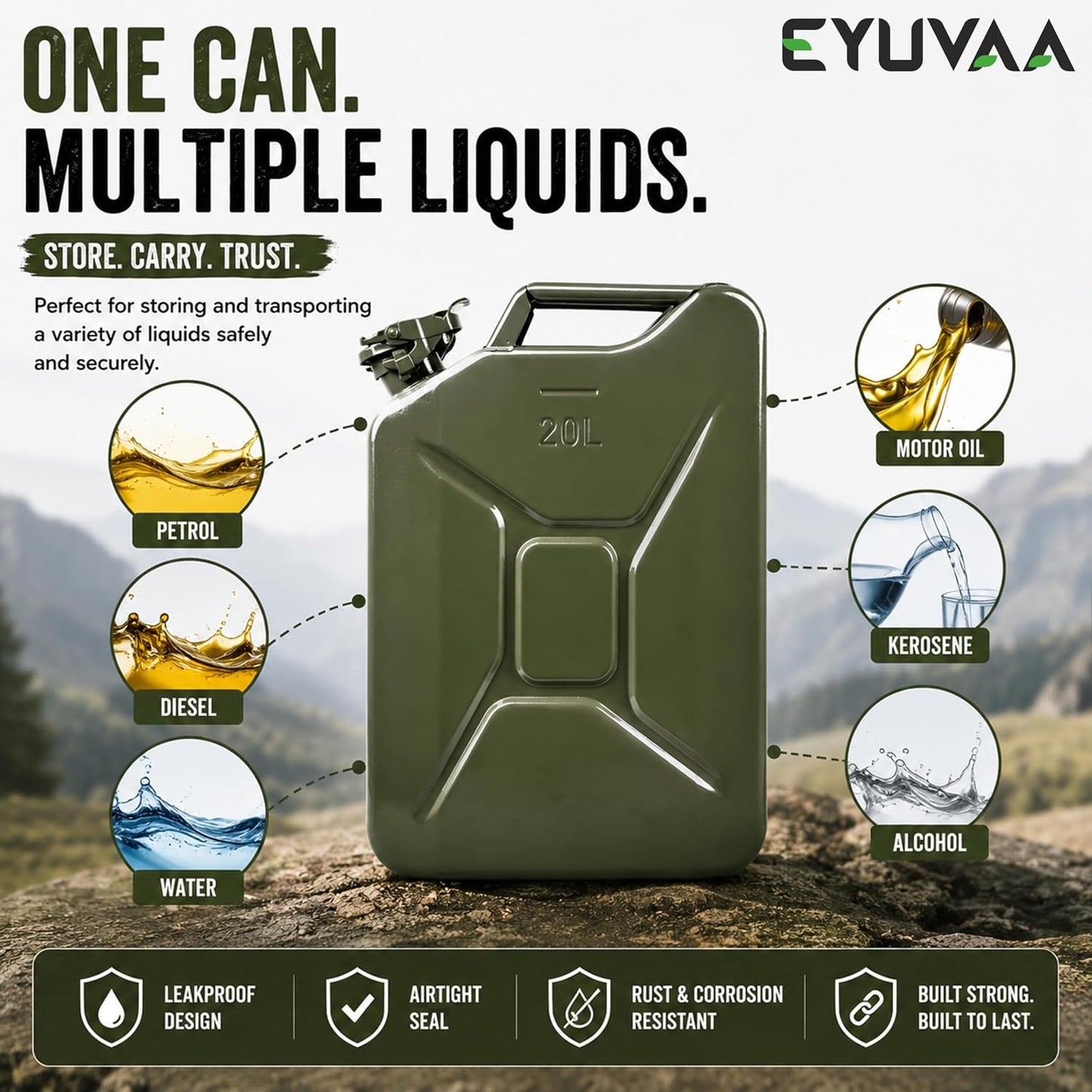 EYUVAA 20L Metal Jerry Can, Heavy Duty Metal Fuel Storage Container for Petrol, Diesel, Kerosene & Motor Oil, Leakproof Locking Cap, Military Style Rust Resistant Portable Fuel Can, Olive Green