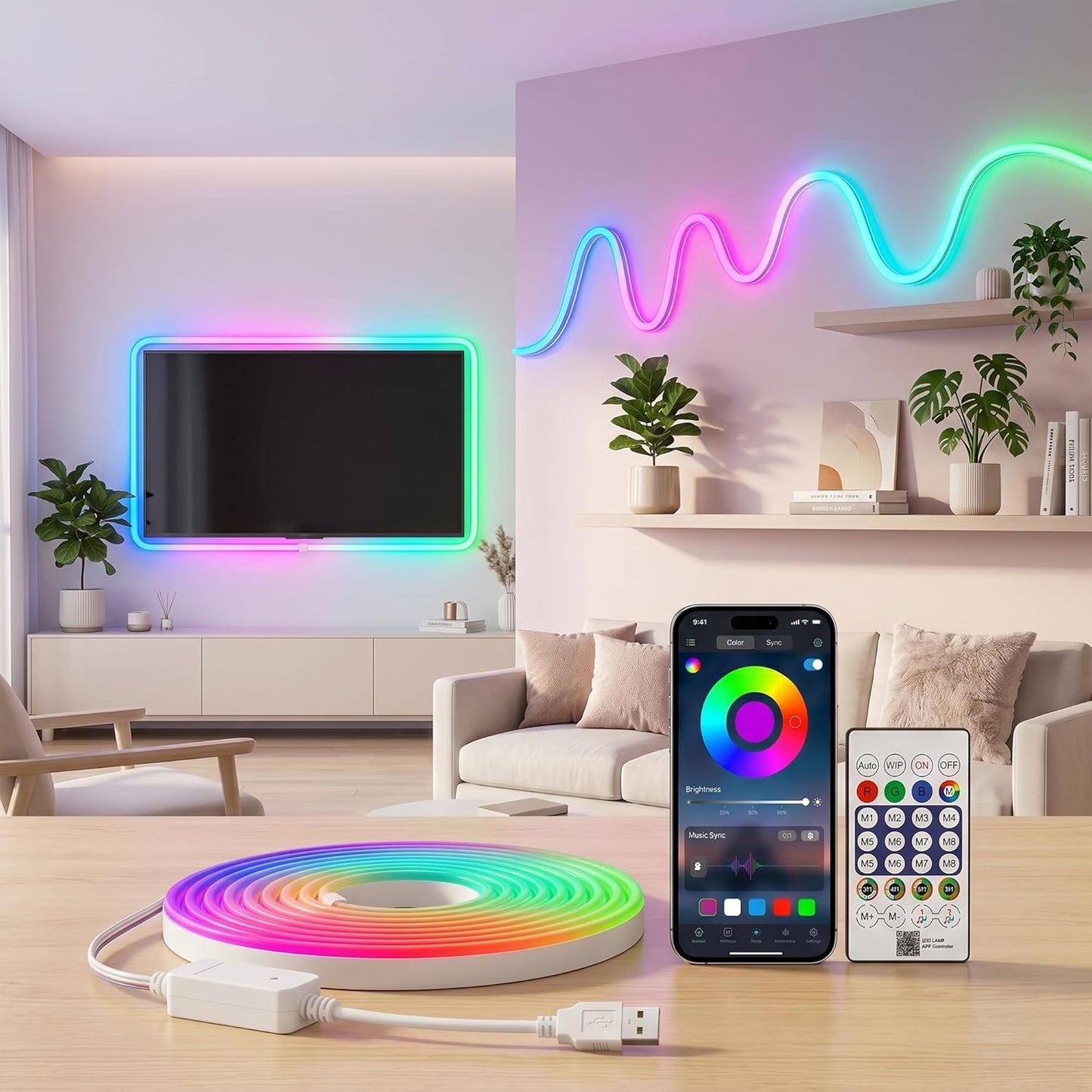 DECOVAA 5 Meter Smart RGB LED Neon Strip Light, App & Remote Control Music Sync Lights, USB Powered Waterproof Flexible Magic Lights for Bedroom, Diwali, Gaming Setup, TV Backlight & Home Decor