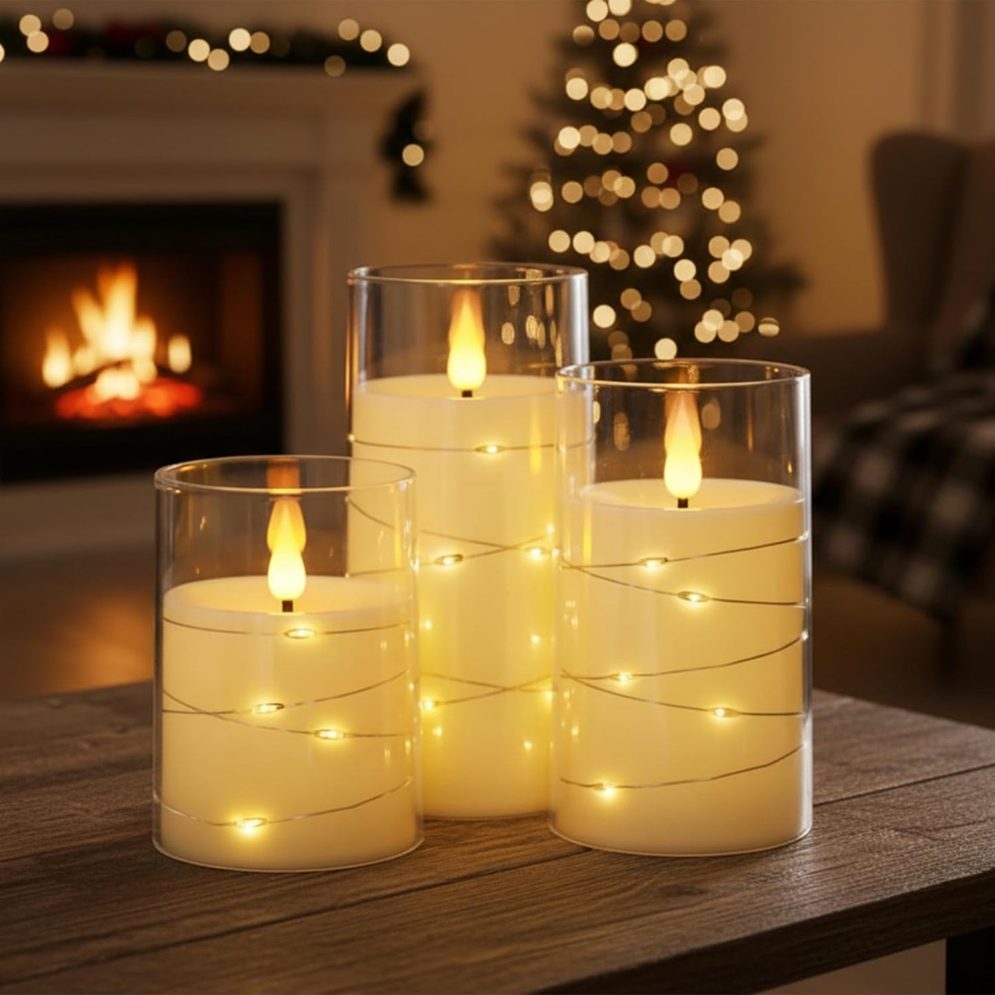 DECOVAA Acrylic Glass Candle Set of 3 with Embedded String Lights| Flickering Pillar Candles (D2” x H4”,5”,6”)| Battery Operated Led Candles for Home, Diwali & Wedding Décor (Transparent)