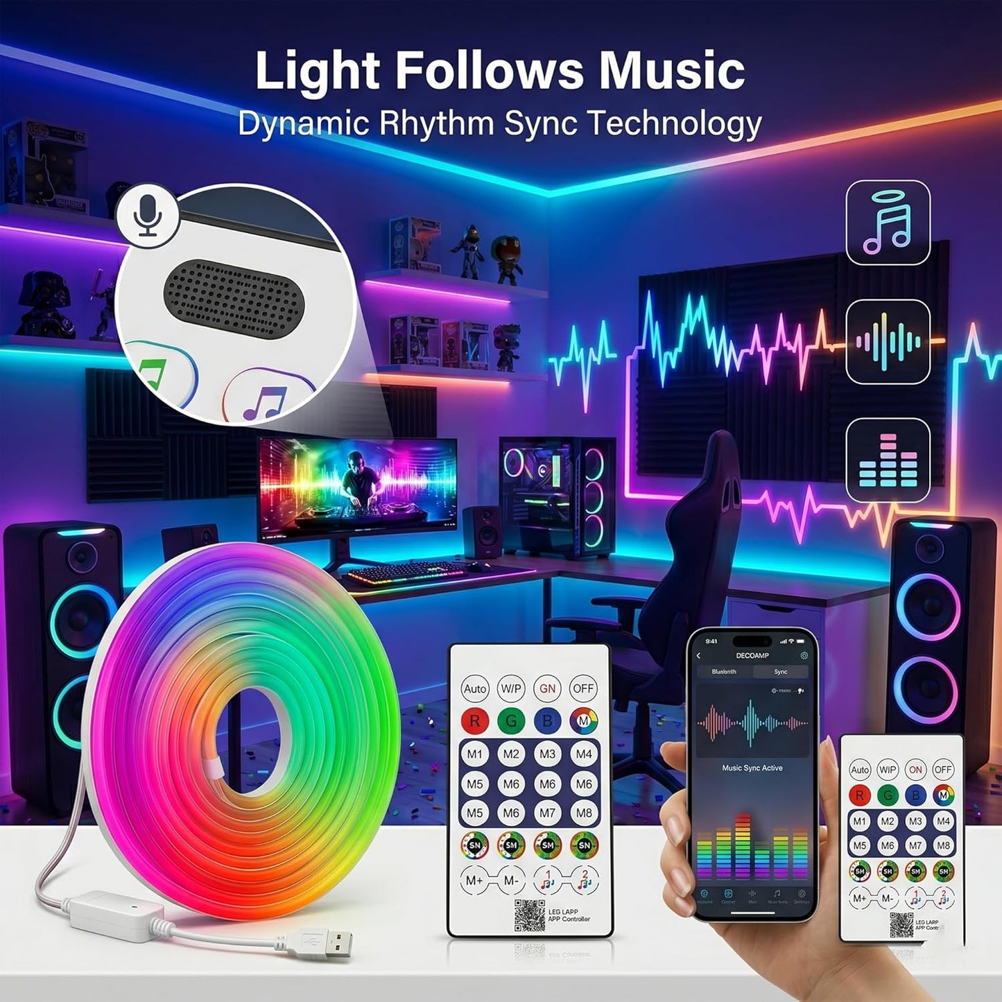 DECOVAA 5 Meter Smart RGB LED Neon Strip Light, App & Remote Control Music Sync Lights, USB Powered Waterproof Flexible Magic Lights for Bedroom, Diwali, Gaming Setup, TV Backlight & Home Decor