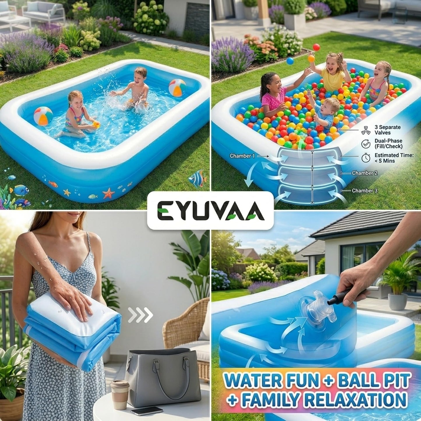 EYUVAA Rectangular Inflatable Swimming Pool Bathtub, Soft Durable PVC Material, 3 Air Chambers, Electric Pump Compatible, Backyard Water Play, Outdoor Garden Summer Fun (10 Feet)
