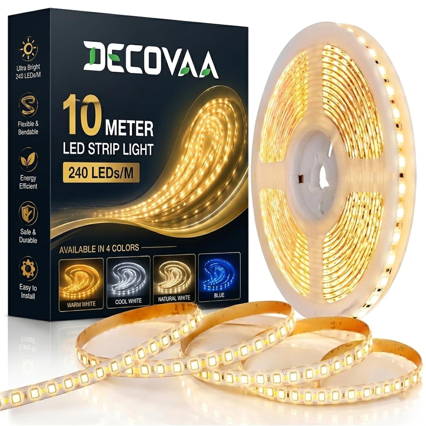 DECOVAA 10M LED Strip Light with Direct Plug, 240 LEDs Per Meter Flexible Decorative Rope Light for Bedroom Decoration, False Ceiling, TV Backlight, Mirror, Wall, Home Decor