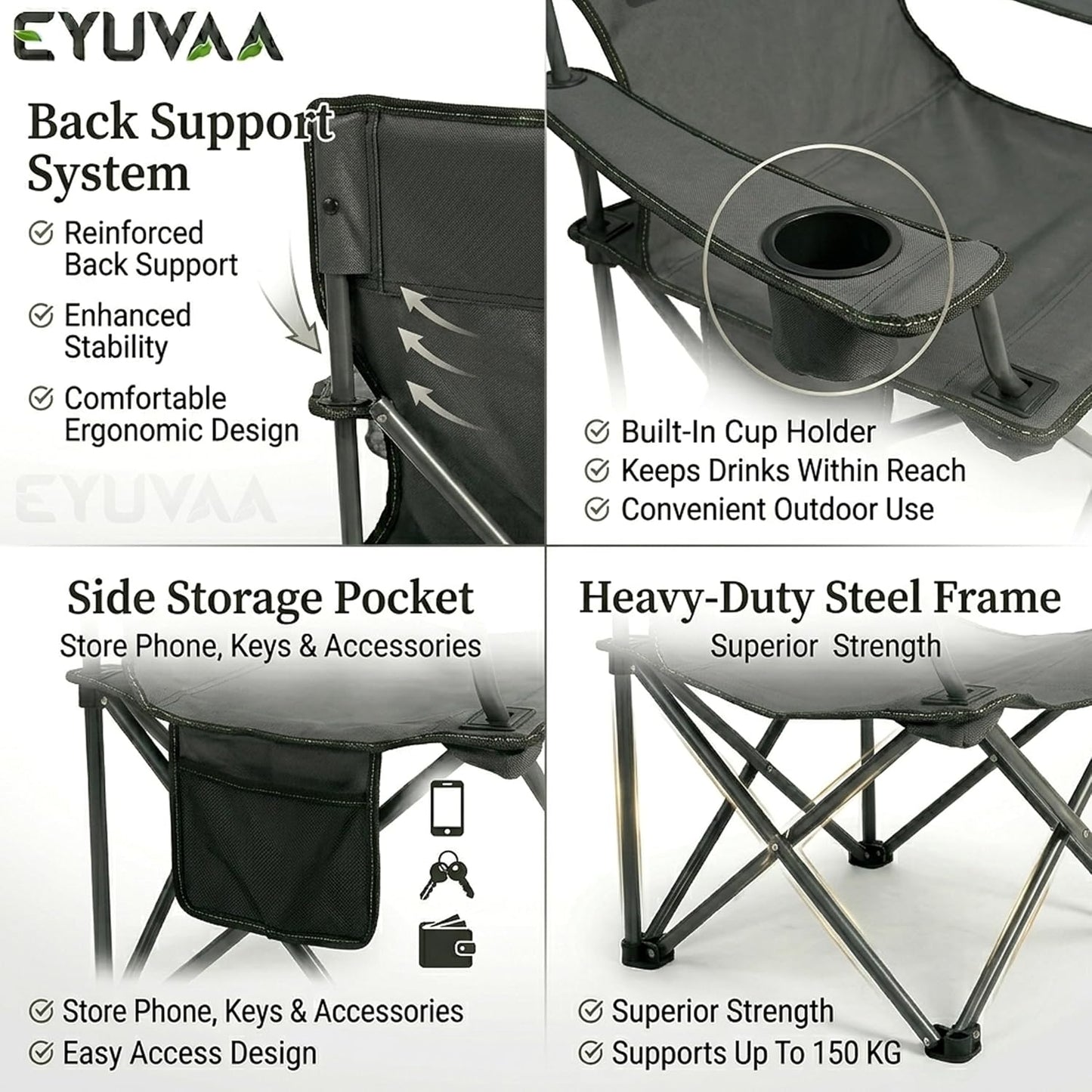 EYUVAA Folding Reclining Camping Chair with Footrest, Portable Outdoor Lounge Chair with Cup Holder & Side Pocket, Heavy Duty Steel Frame, Foldable Fishing Beach Garden Chair (Multicolour)