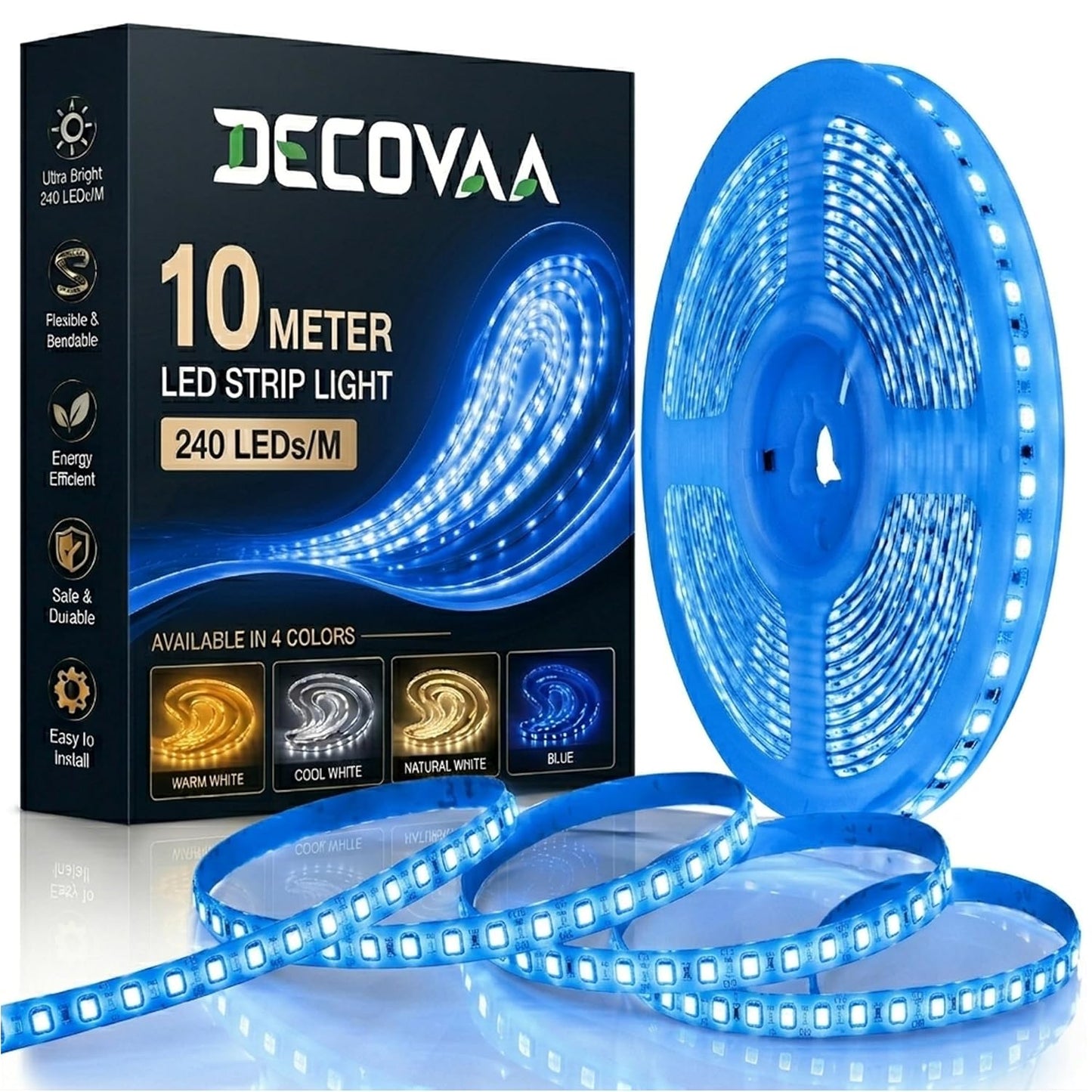 DECOVAA 10M LED Strip Light with Direct Plug, 240 LEDs Per Meter Flexible Decorative Rope Light for Bedroom Decoration, False Ceiling, TV Backlight, Mirror, Wall, Home Decor