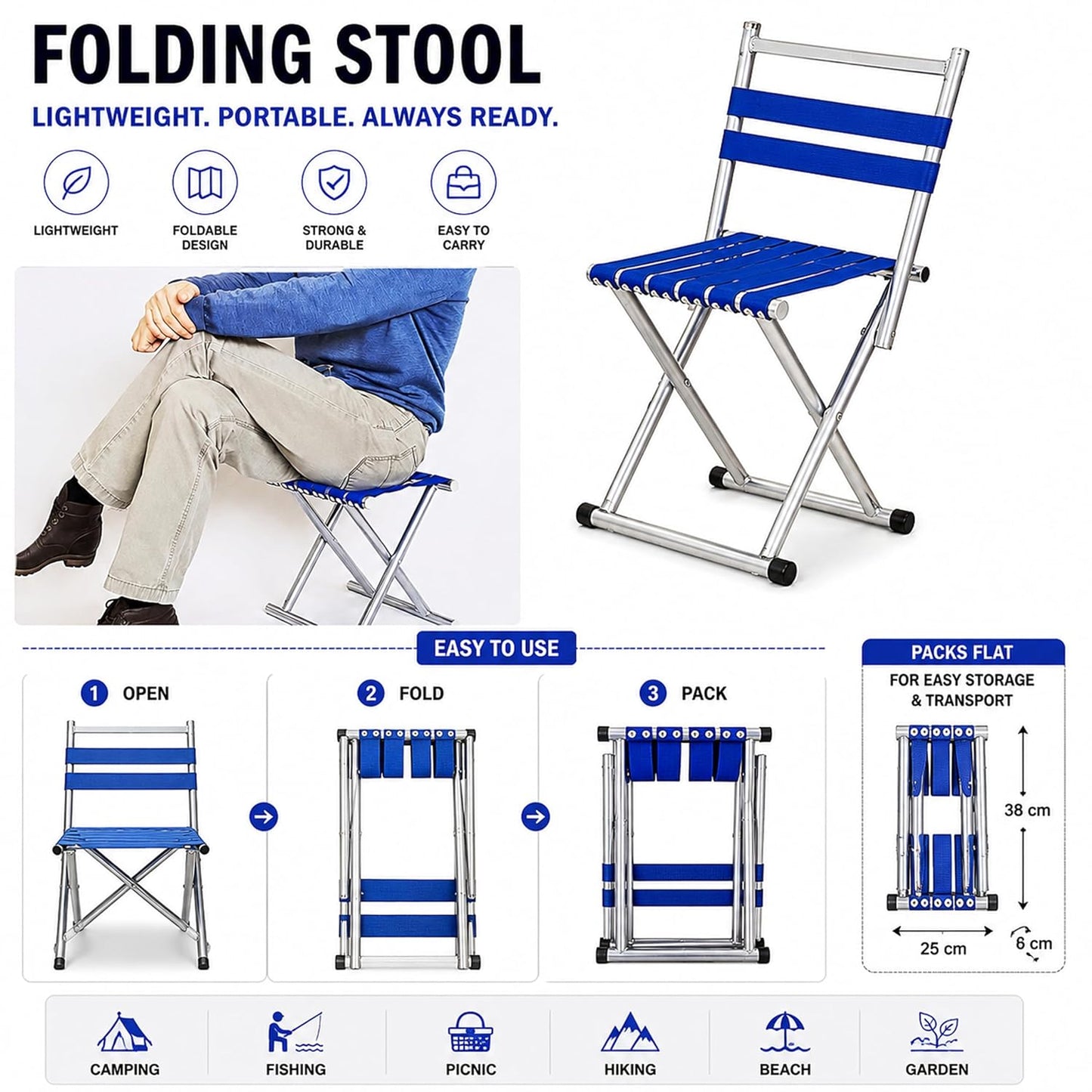EYUVAA 2-in-1 Foldable Camping Chair & Stool, Stainless Steel Portable Lightweight Folding Chair,Heavy Duty Outdoor Chair for Camping, Hiking, Fishing, Picnic, Beach, Garden & Travel
