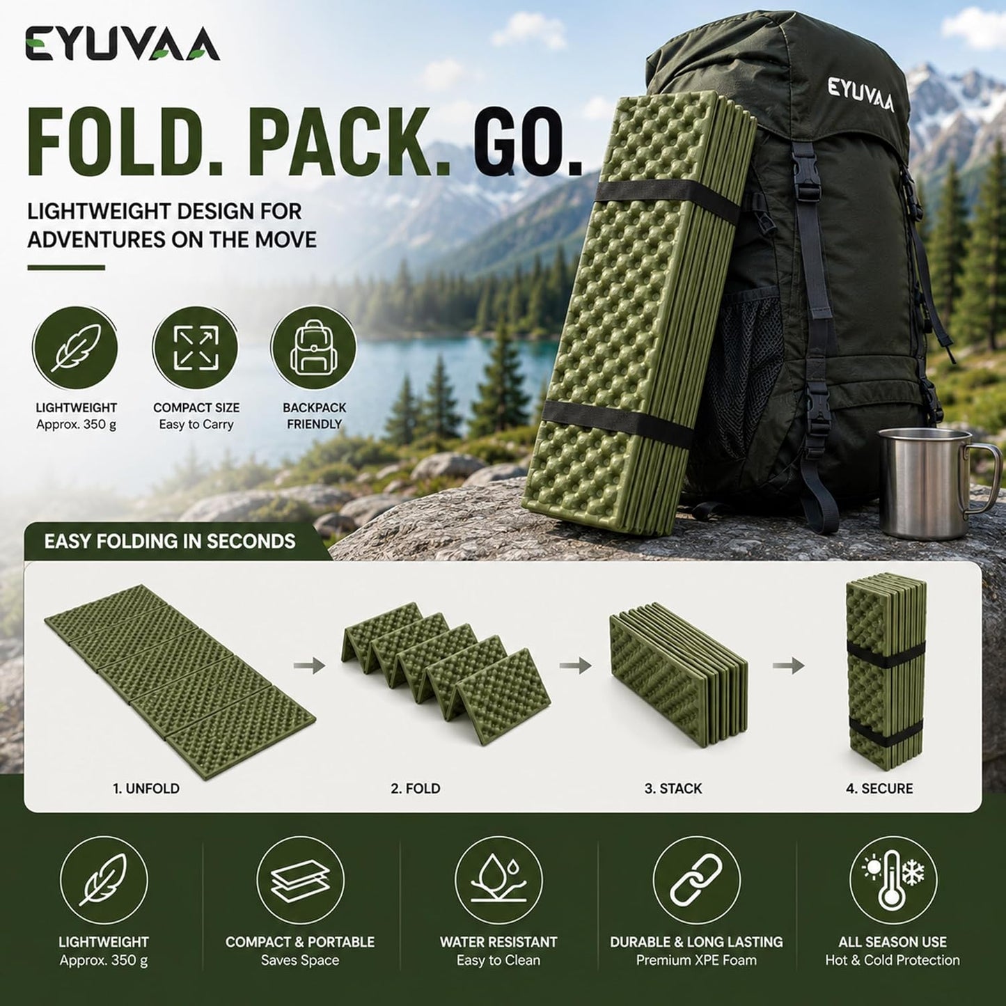 EYUVAA Camping Sleeping Mat, Foldable Waterproof Sleeping Pad, Lightweight Camping Mattress with Egg Crate Design for Hiking, Trekking, Backpacking, Tent Camping & Outdoor Travel