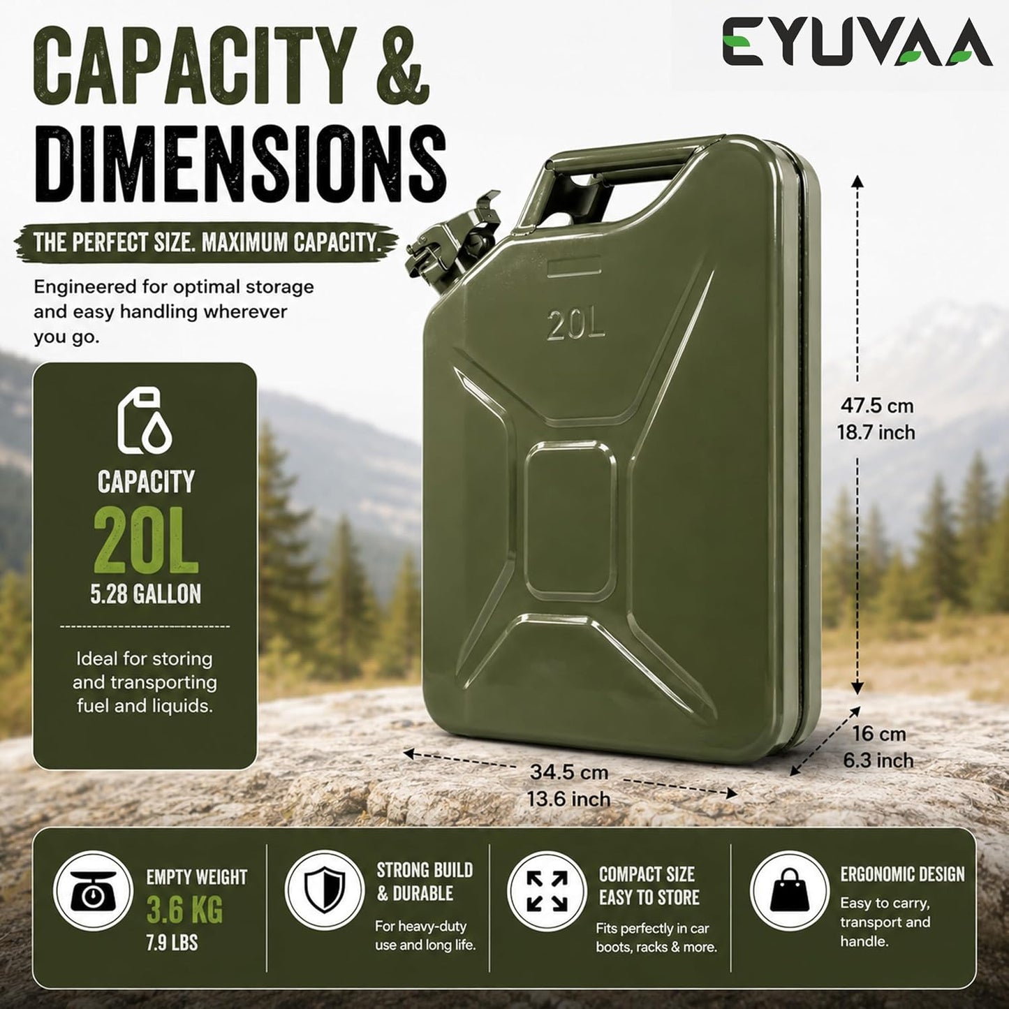 EYUVAA 20L Metal Jerry Can, Heavy Duty Metal Fuel Storage Container for Petrol, Diesel, Kerosene & Motor Oil, Leakproof Locking Cap, Military Style Rust Resistant Portable Fuel Can, Olive Green