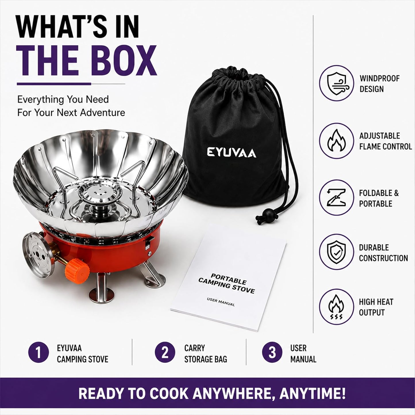 EYUVAA Portable Camping Gas Stove, Windproof Lotus Shape Butane Gas Burner, Foldable Ultra-Light Backpacking Cooking Stove with Carry Bag for Camping, Hiking, Trekking, Picnic & Outdoor Cooking