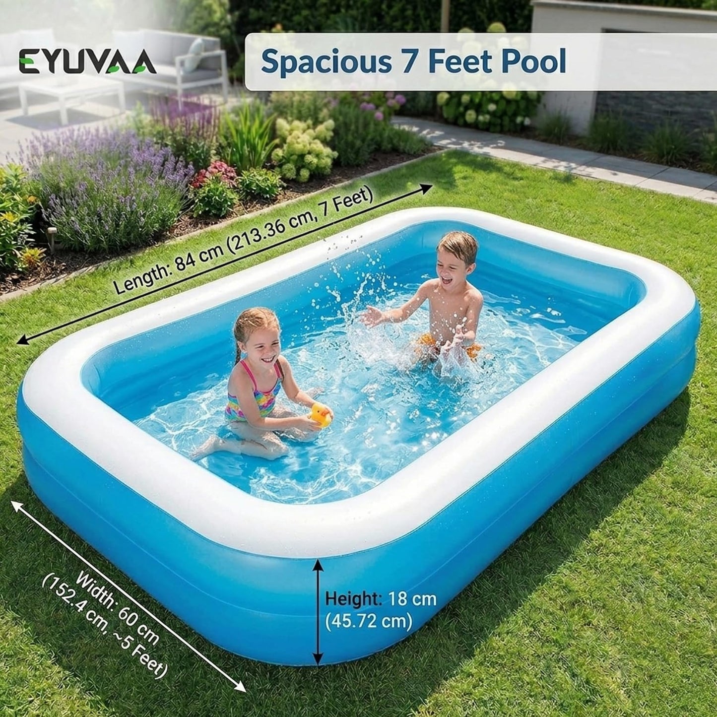 EYUVAA Rectangular Inflatable Pool for Kids & Toddlers 7 Feet Large Full-Sized Swimming Bathtub Backyard Water Play Summer Fun Durable Child-Safe PVC Quick Inflate & Portable Outdoor Pool