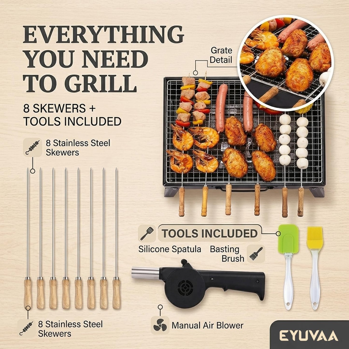 EYUVAA Portable Charcoal BBQ Grill Set with 8 Skewers, Spatula, Oil Brush & Air Blower| Foldable Heavy Duty Barbecue Grill for Camping, Picnic, Terrace, Garden & Outdoor Cooking
