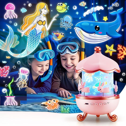 EYUVAA Bunny Night Light Projector, 360° Rotatable 6 Films Shade Rechargeable LED Night Light Lamp for Kids Room, Nursery Room Décor (Light Projector)