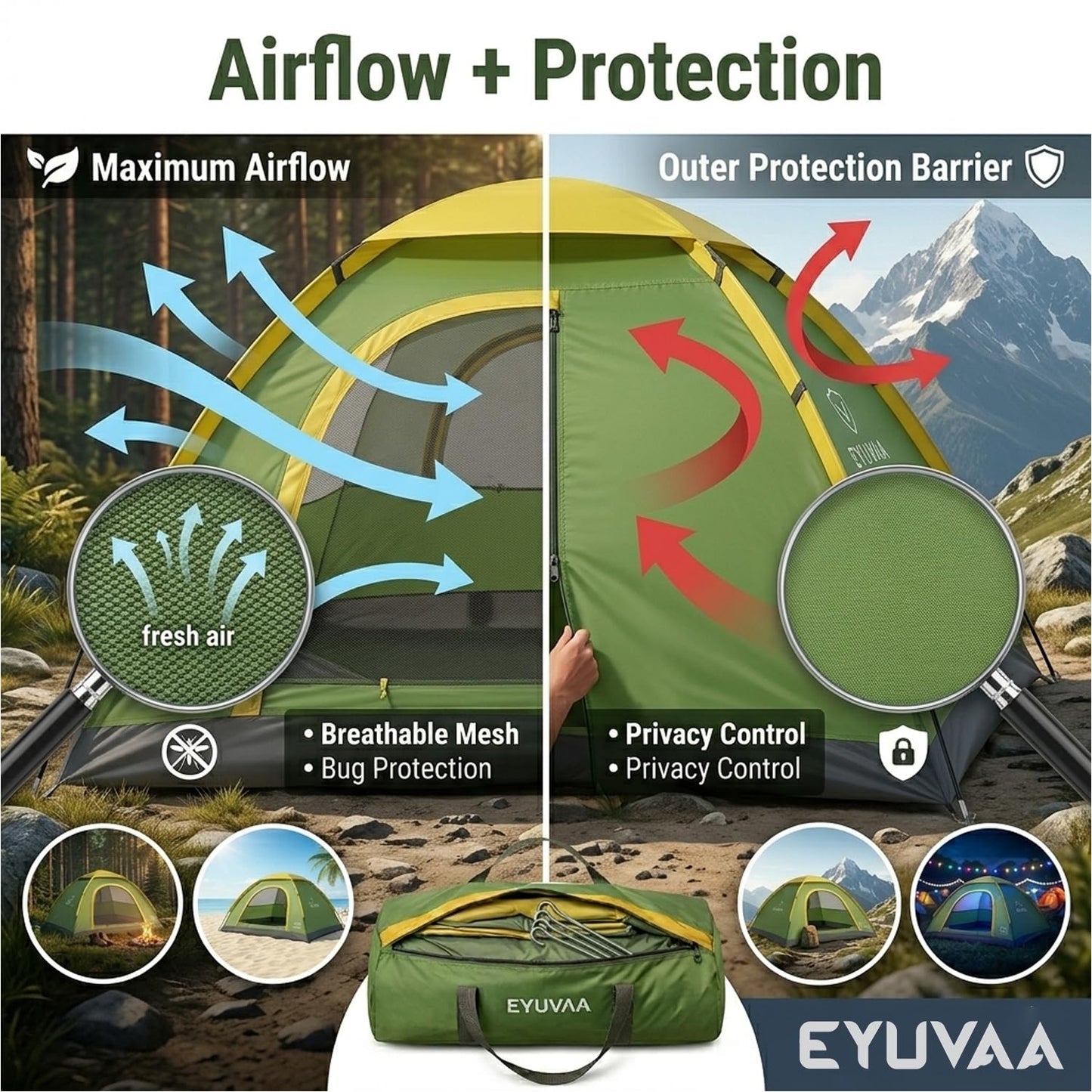 EYUVAA  Waterproof 2 Person Camping Tent | Lightweight Portable Outdoor Dome Tent with Carry Bag | Easy Setup Windproof Tent for Hiking, Trekking, Picnic & Travel (Random Colour)