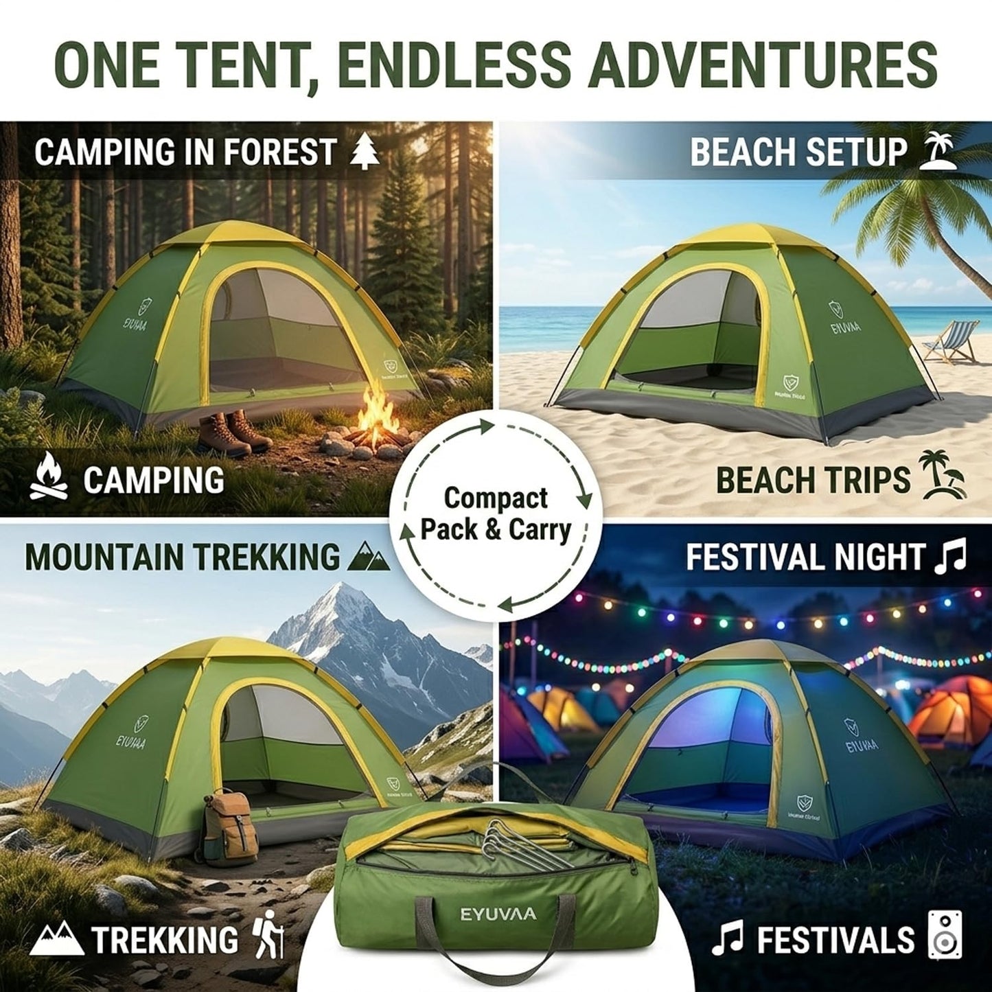 EYUVAA  Waterproof 2 Person Camping Tent | Lightweight Portable Outdoor Dome Tent with Carry Bag | Easy Setup Windproof Tent for Hiking, Trekking, Picnic & Travel (Random Colour)