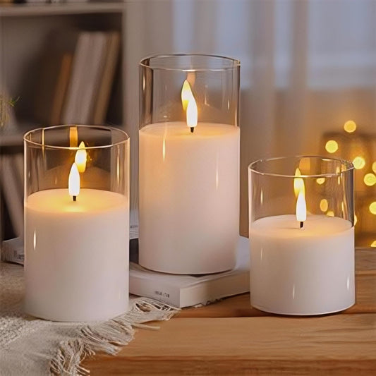EYUVAA Set of 3 LED Pillar Candles with Acrylic Glass Holders, Realistic Flickering Flame, Battery Operated Decorative Candle for Home, Wedding, Diwali Décor (Acrylic Transparent Glass Candle)