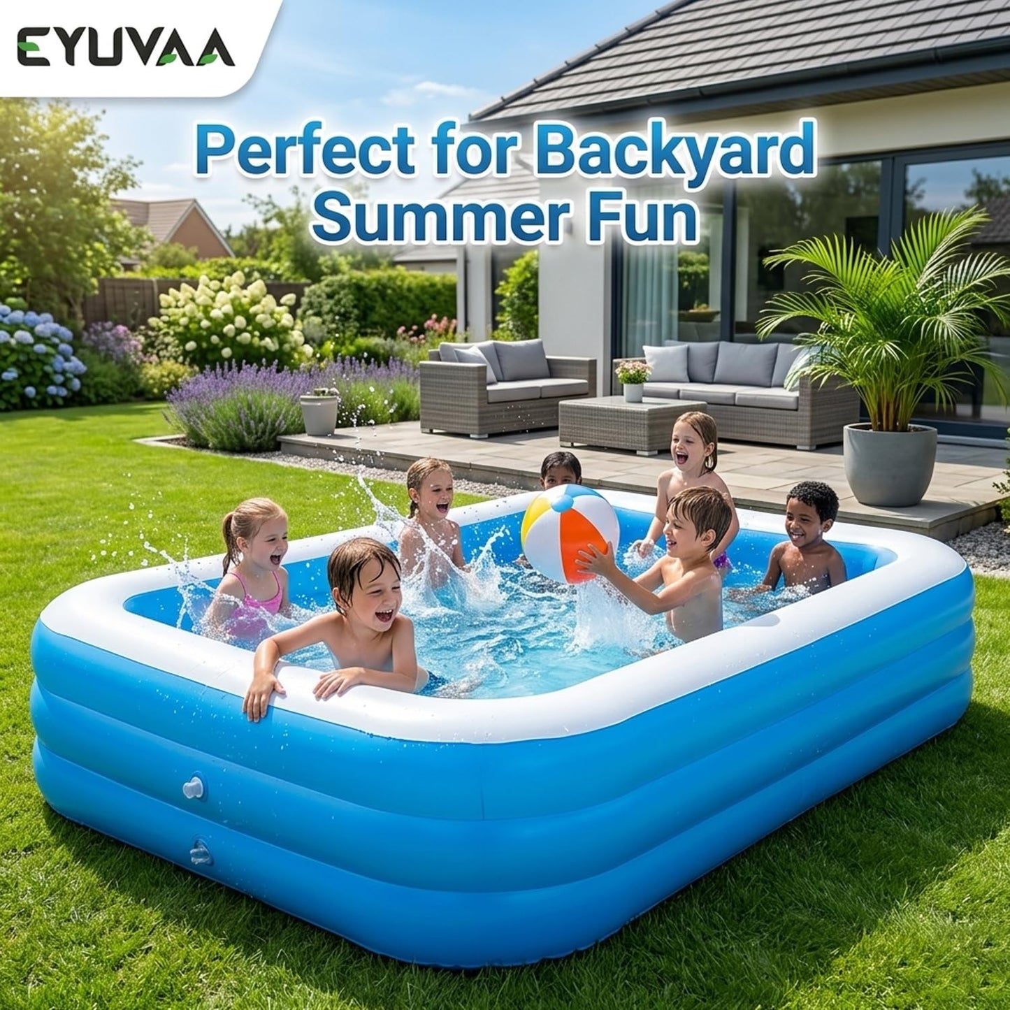 EYUVAA Rectangular Inflatable Pool for Kids & Toddlers Extra-Large 8.5 Feet 3 Air Chamber Pool Backyard Water Play Summer Fun Durable Child-Safe PVC Quick Inflate & Portable Outdoor Pool