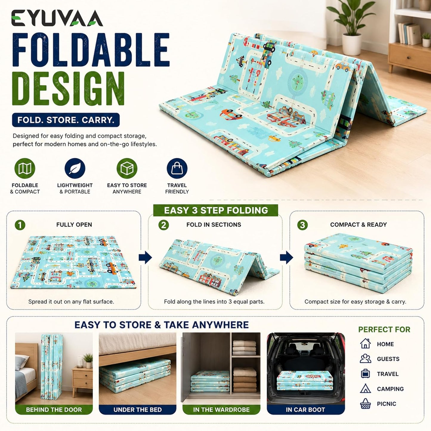 EYUVAA Baby Play Mat for Floor Extra Large, Foldable XPE Foam Crawling Mat, Waterproof Reversible Kids Play Mat, Tummy Time Mat for Babies, Anti-Skid Floor Mattress, 6 x 5 Feet