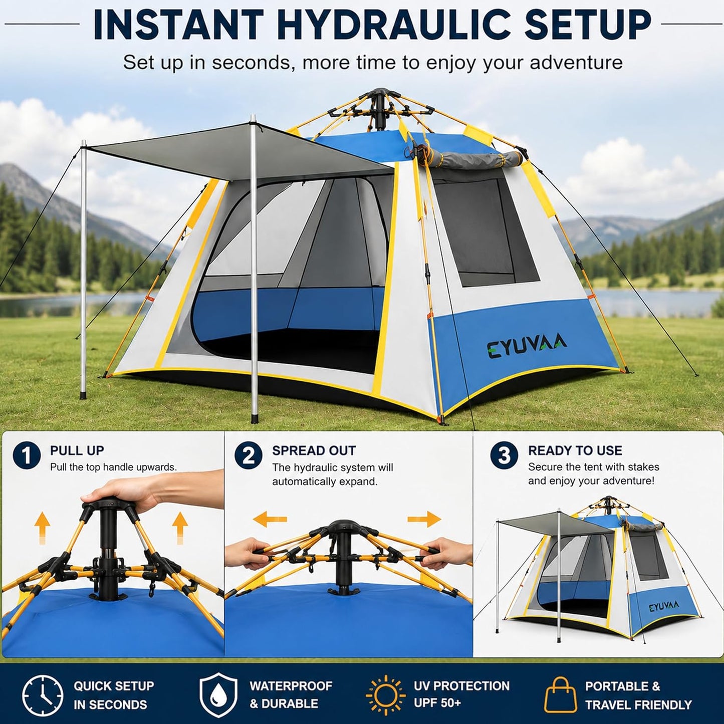 EYUVAA LABEL Automatic Camping Tent, Waterproof Outdoor Tent with UV Protection, Lightweight Portable Tent for Hiking, Trekking, Backpacking, Camping, Beach & Outdoor Adventure