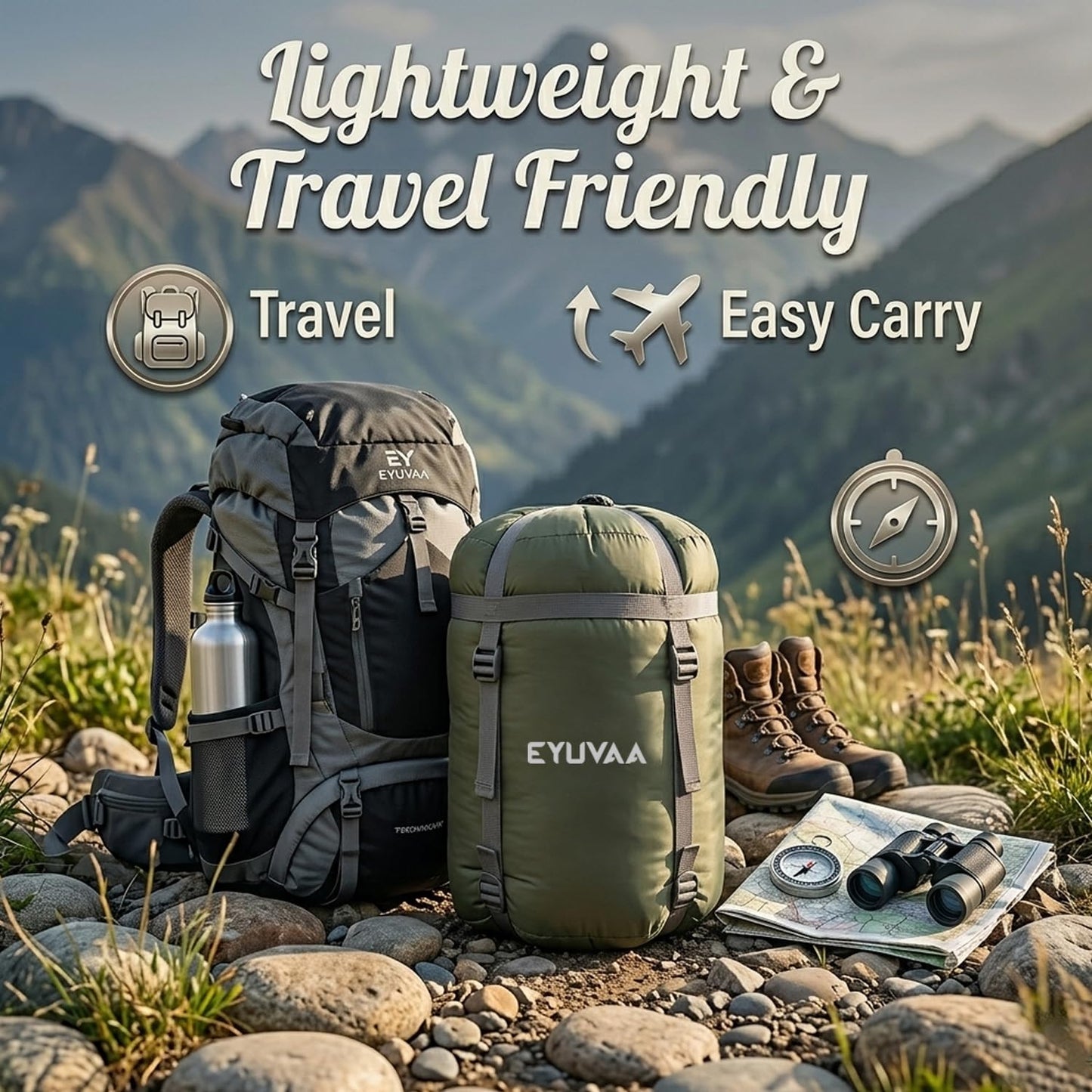 EYUVAA Camping Sleeping Bag -5°C to +5°C, Rectangle Shape Winter Sleeping Bag with Faux Fur, Fits Up to 7.2 ft, Lightweight & Compact for Trekking, Hiking & Travel